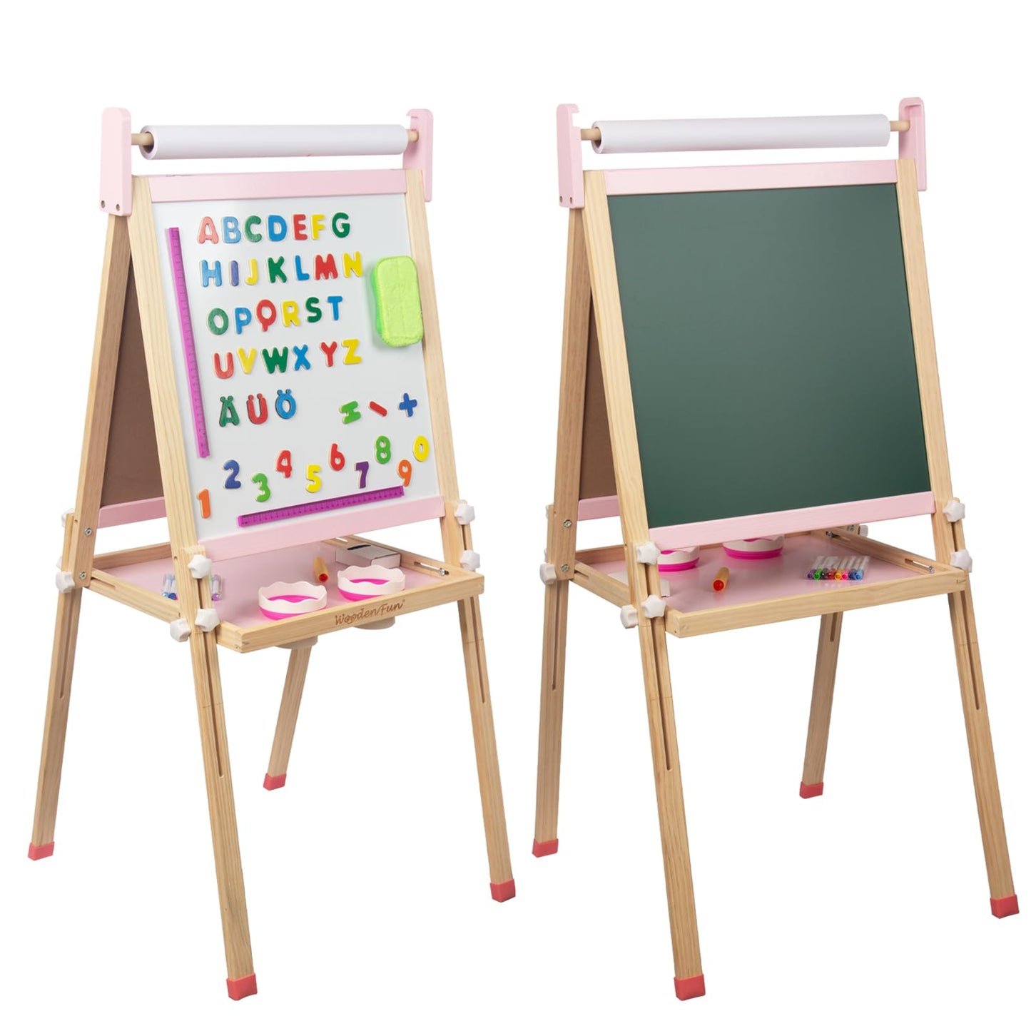 Kids Wooden Easel with Paper Roll, Adjustable Magnetic Double Sided Drawing Board Whiteboard & Chalkboard Dry Easel Board, Children Art Easel for 3-12 Years Kids Boys Girls Painting Drawing (Pink)