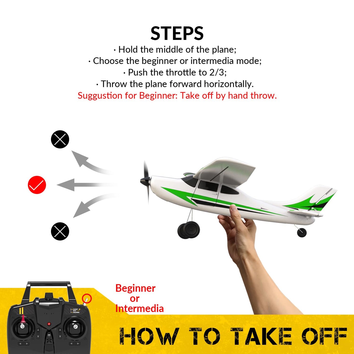 VOLANTEXRC RC Plane Trainer 3CH Remote Control Airplane with Prop Saver, 6-Axis Gyro Stabilizer & 3 Modes to Fly, Hobby Radio Controlled Aircraft RTF for Beginners, Adults (400mm,Green)
