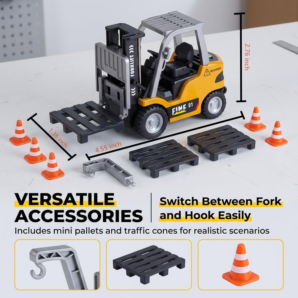 LBKR Tech Mini 1/64 RC Forklift Toy, Rechargeable Remote Control Forklift Truck with Lights and Sounds, 2 in 1 Transform Lift Fork & Hook Forklift Cars for Adults Kids Boys Girls