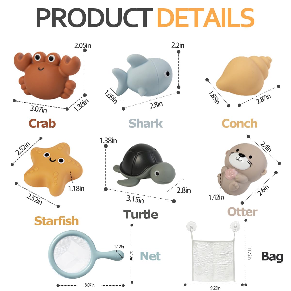 7PCS No Hole Mold Free Baby Bath Toys with Ocean Animals, Sealed Bathtub Toys for Infant with Spoons and Storage Bag, Soft, Float and Squeezeable Water Toy for Shower, Pool and Beach, Gift for 6-12M+