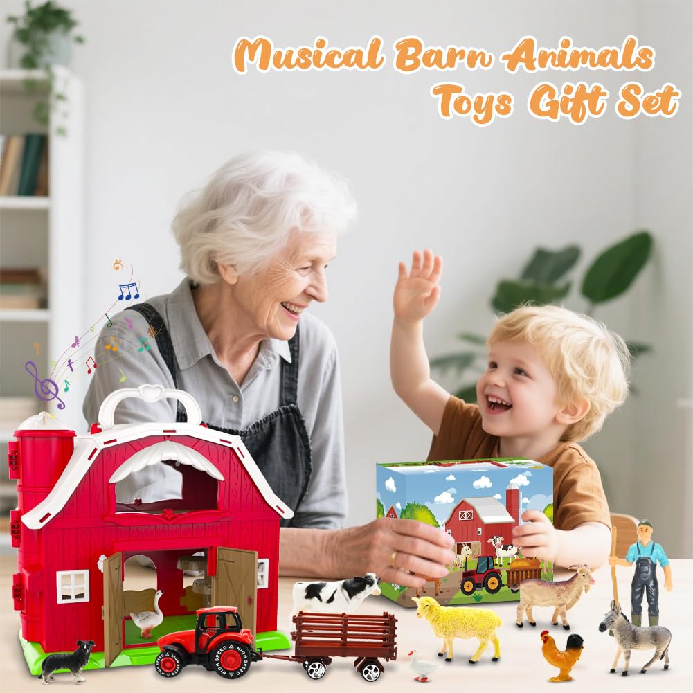 Red Barn Toys for Toddlers 1-3, Farm Animal Figures Playset with Tractor for 2 3 4 5 Year Old Kids, Musical Preschool Montessori STEM Learning Toys, Easter Christmas Birthday Gifts for Boys Girls