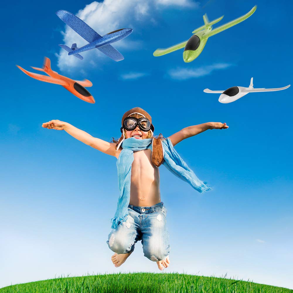 BooTaa 4 Pack Airplane/Flying Toys, 17.5" Large Throwing Foam Plane/Gliders, 2 Flight Mode, Birthday Gifts for Girls Kids 3 4 5 6 7 8 9 10 11 12 Year Old Boys,Outdoor Sport Game Toys