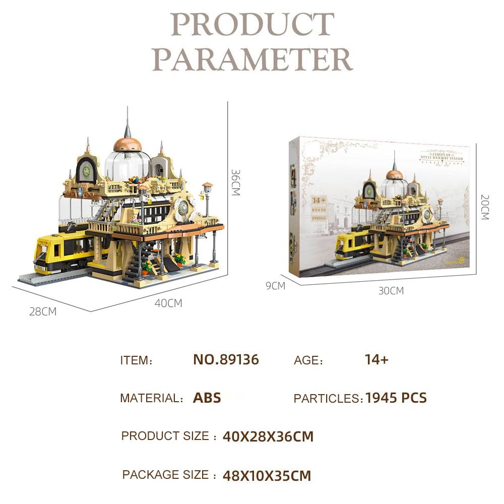 Wyiauy European Style Railway Station Architecture Building Set,Steampunk Railway Station with LED Light Building-Bricks Set 1945 Pieces for Adults and Teens