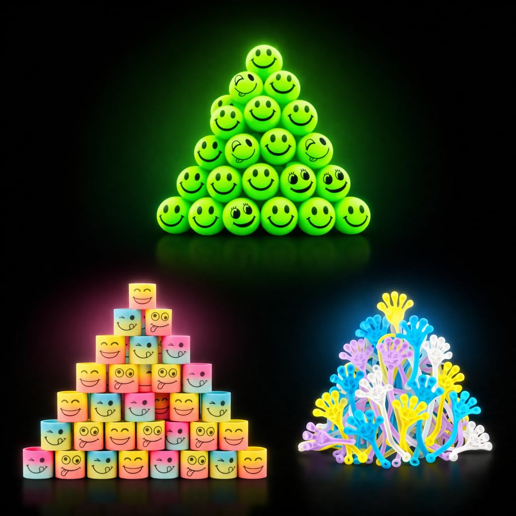 4E's Novelty 108 Pcs Glow in The Dark Toys - 36 Bouncy Balls, 36 Coil Spring, 36 Sticky Hands, Bulk Party Favor or Kids Goodie Bags Birthday Party Supplies, Easter Egg Filler & Basket STuffers