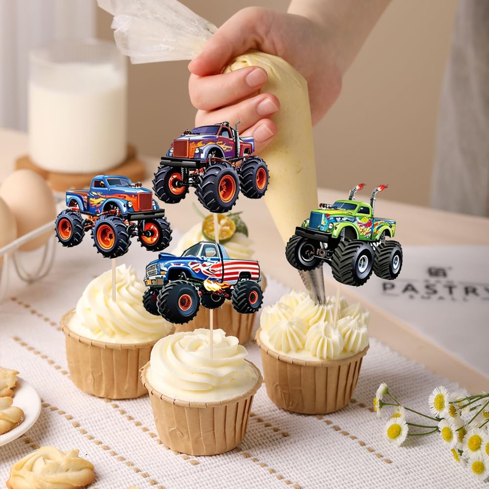 24 PCS Monster Truck Cupcake Toppers Truck Car Theme Birthday Party Decorations Racing Car Theme Birthday Decoration for Boys Girls Baby Shower Kids Cake Decorations Party Supplies