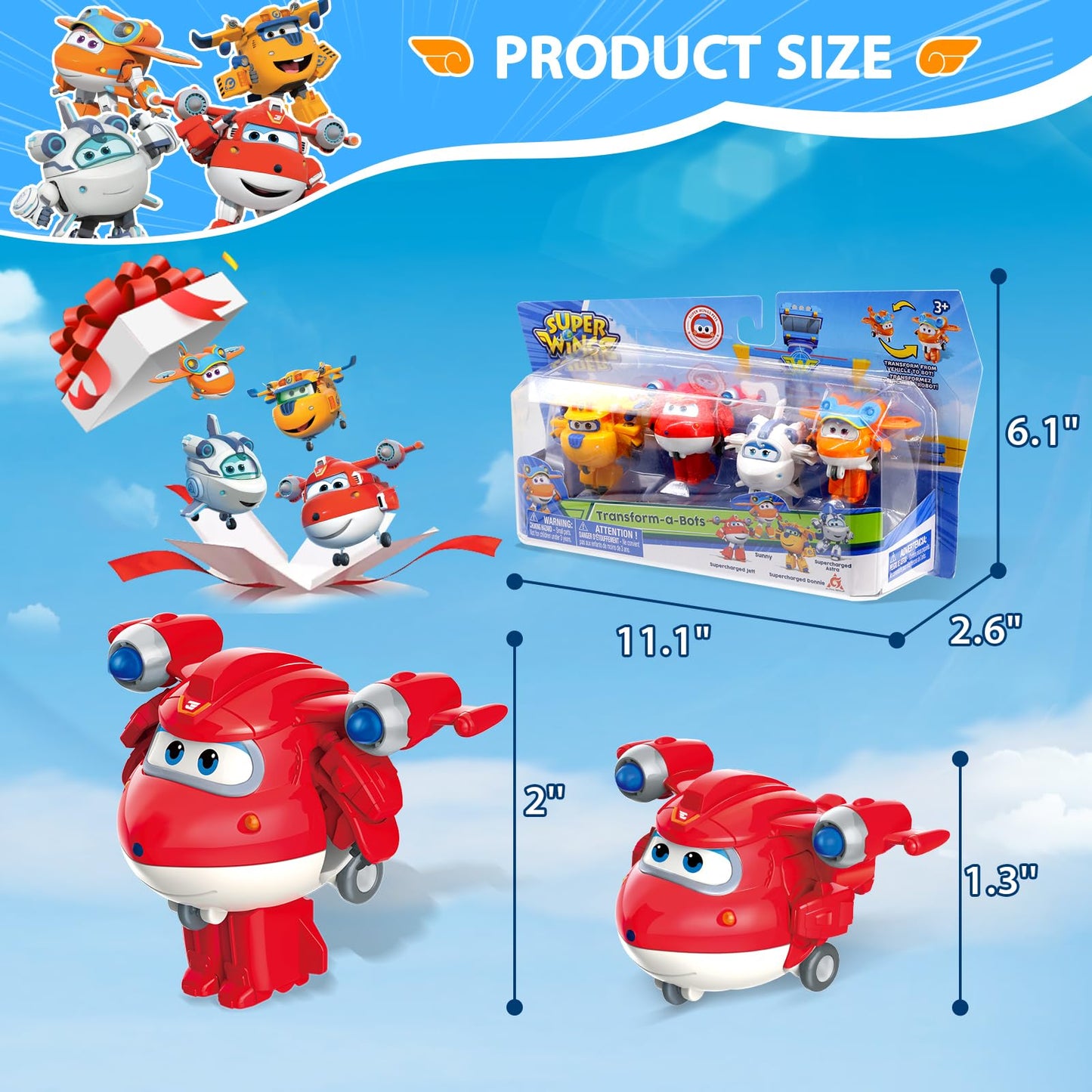Super Wings 2" Transform-a-Bots 4-Pack, Supercharged Jett, Donnie, Astra, Sunny, Airplane Toys Vehicle Mini Figures, Fun Toys for Kids, Transformable Toy for 3 4 5 Year Old Boys and Girls