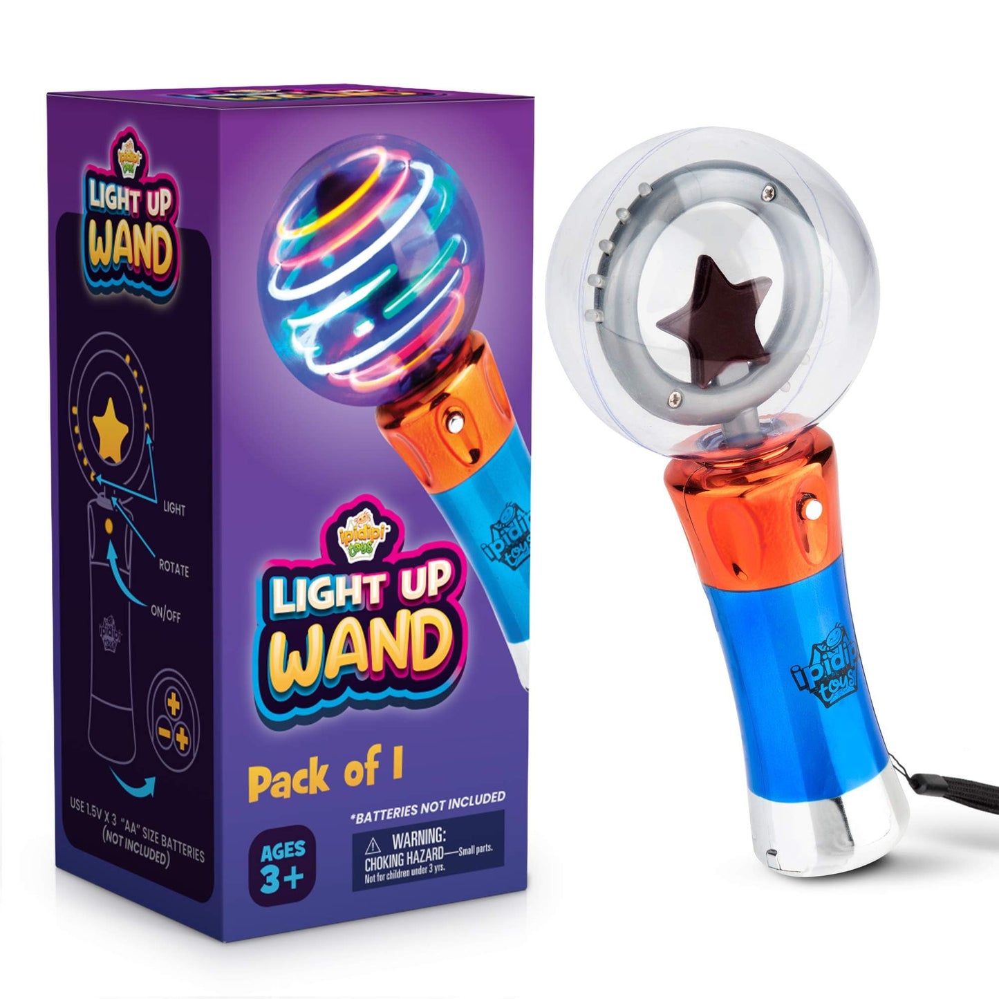 IPIDIPI TOYS Spinning Light Up Magic Wand for Kids, 2 Pack, LED Sensory Globe Wand - Easter Basket Stuffers Light Up Toys, Small Gift, Goodie Bag - Birthday Party Favors for Boys and Girls