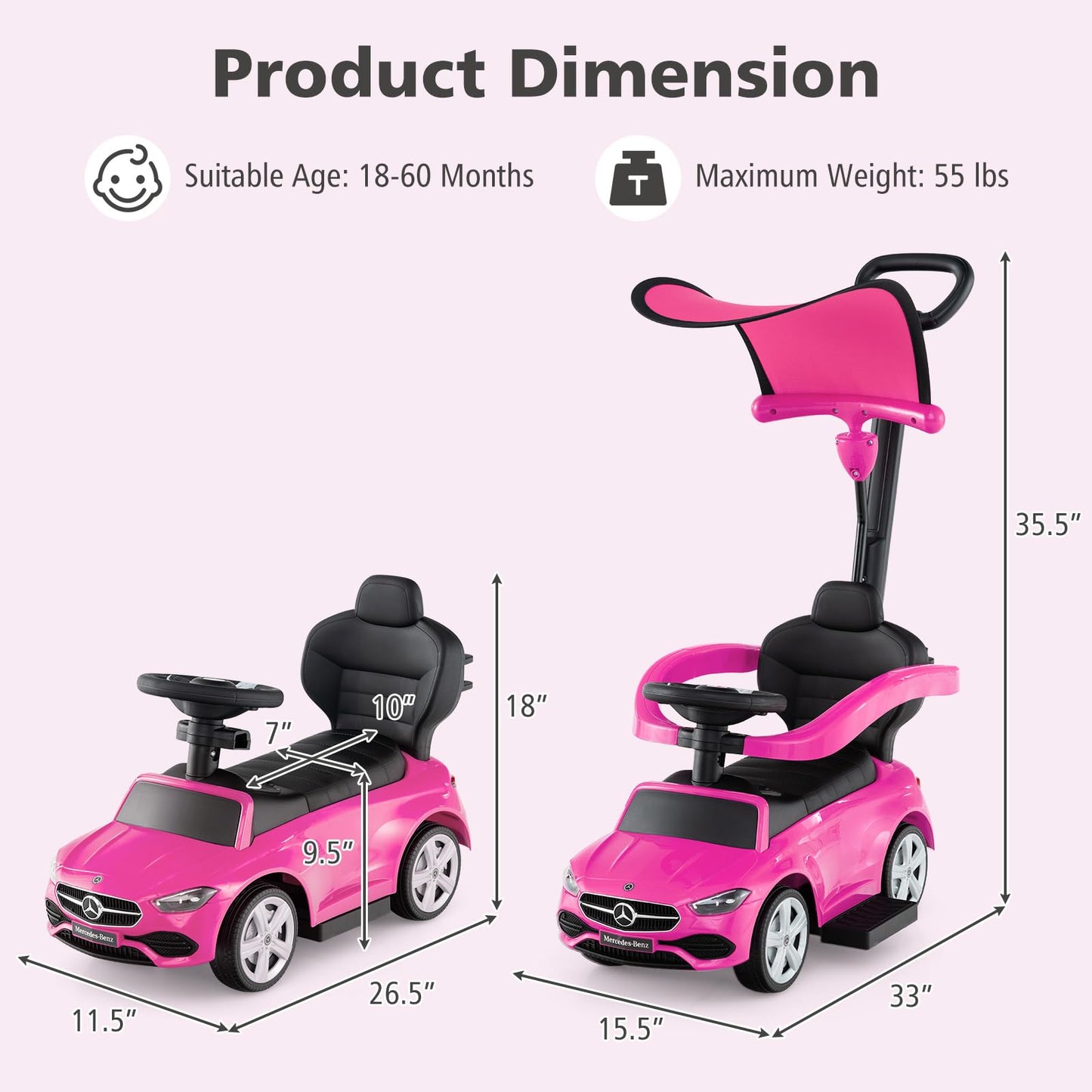 Licensed Mercedes Benz Push Car for Toddlers by INFANS, 3 in 1 Sliding Walking Car with Push Handle, Horn, Music, Underneath Storage, Foot-to-Floor Ride on Toys for Boys Girls, Pink