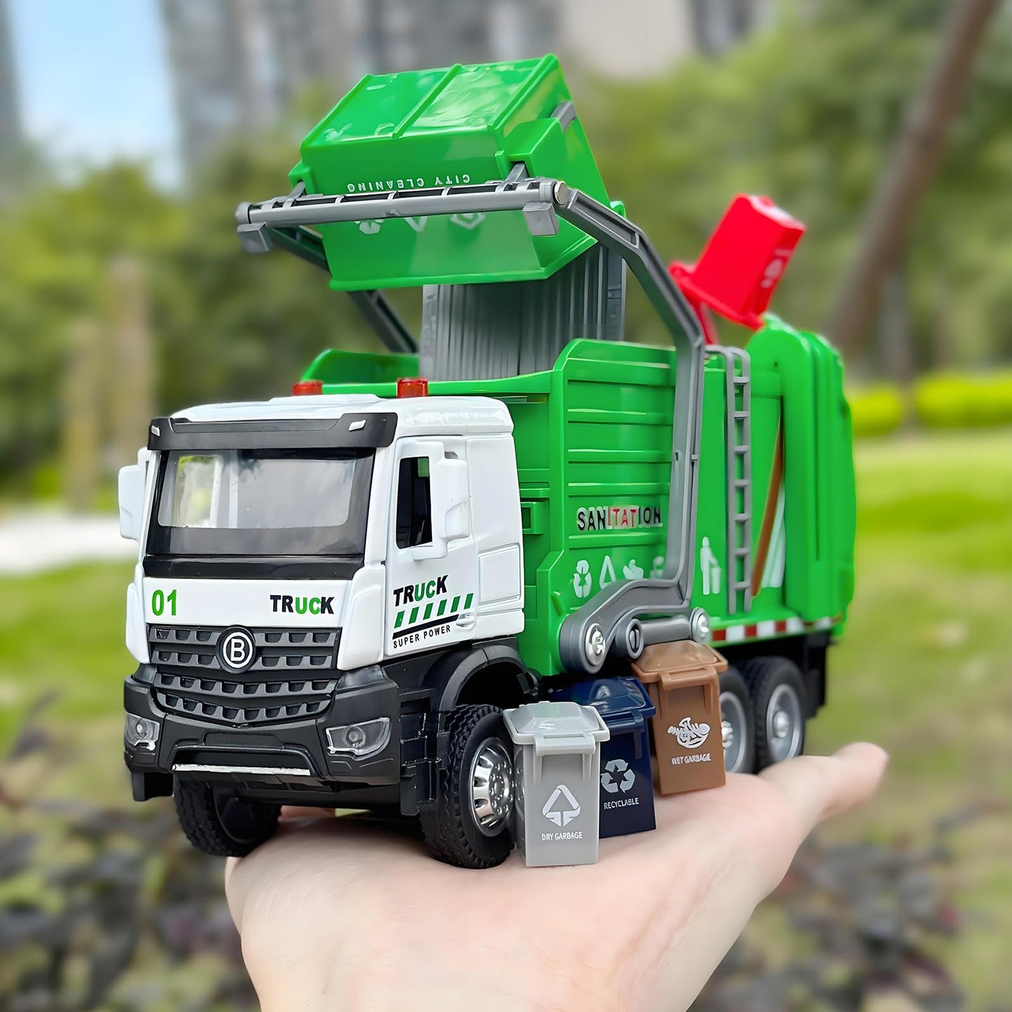 NOVAFUSION Garbage Truck Toys for Boys,Toy Garbage Truck Metal Diecast Cab,Pull Back Garbage Truck with Lights and Sounds,Front Loader Recycling Toy Garbage Trucks,Garbage Truck Toys for Boys Age 4-7
