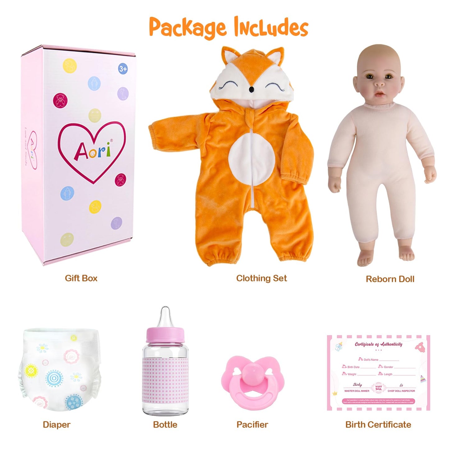 Aori Baby Dolls - 17 Inch Real Life Doll with Ultra Soft Body & Fox Outfits for Girls 3+ | Pretend Play, Adoption Day, Photography Prop, Collectible