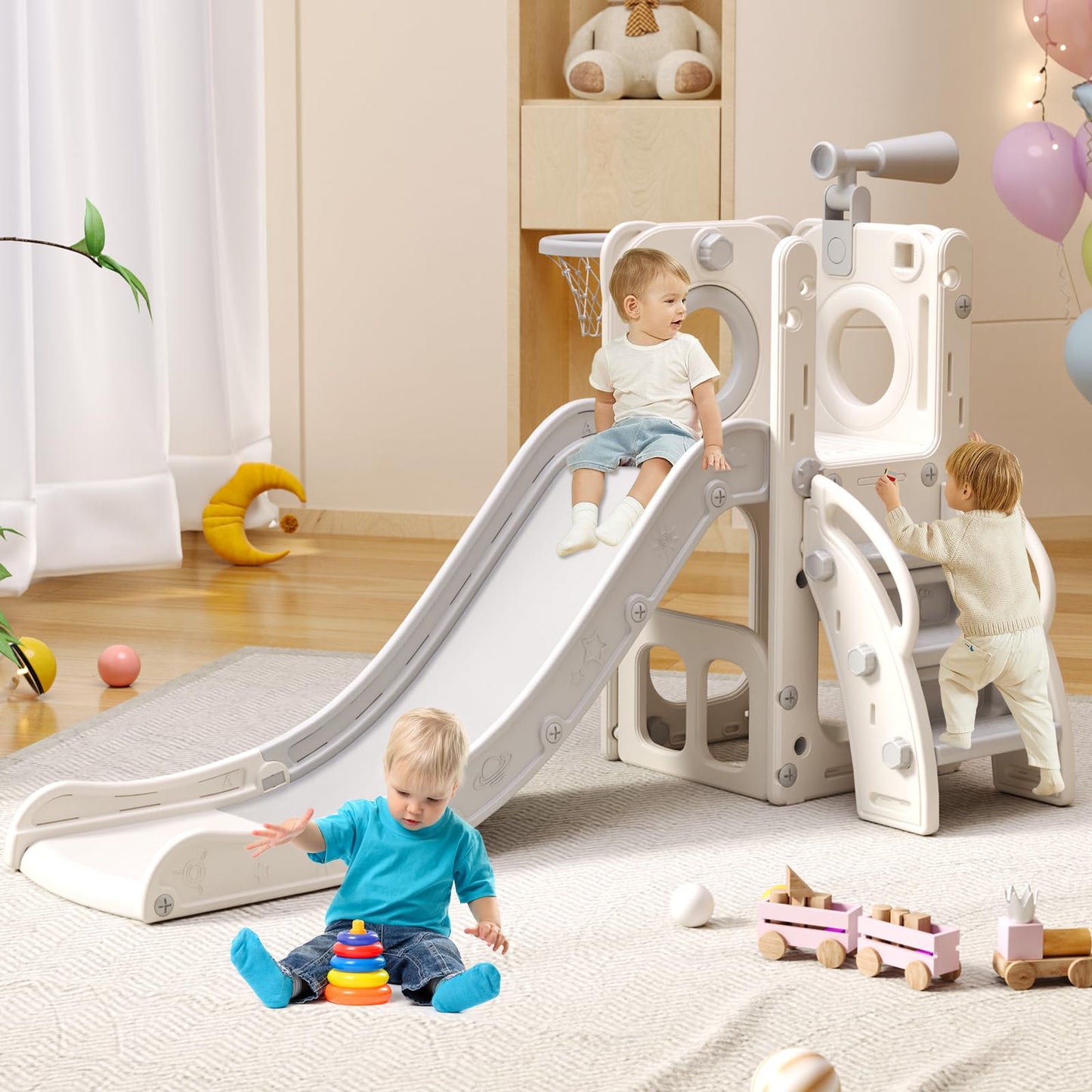 Baotree 6 in 1 Toddler Playset with Slide, Kids Slide with Basketball Hoop, Ball, Ring Toss, Indoor Outdoor Toys (White Grey)