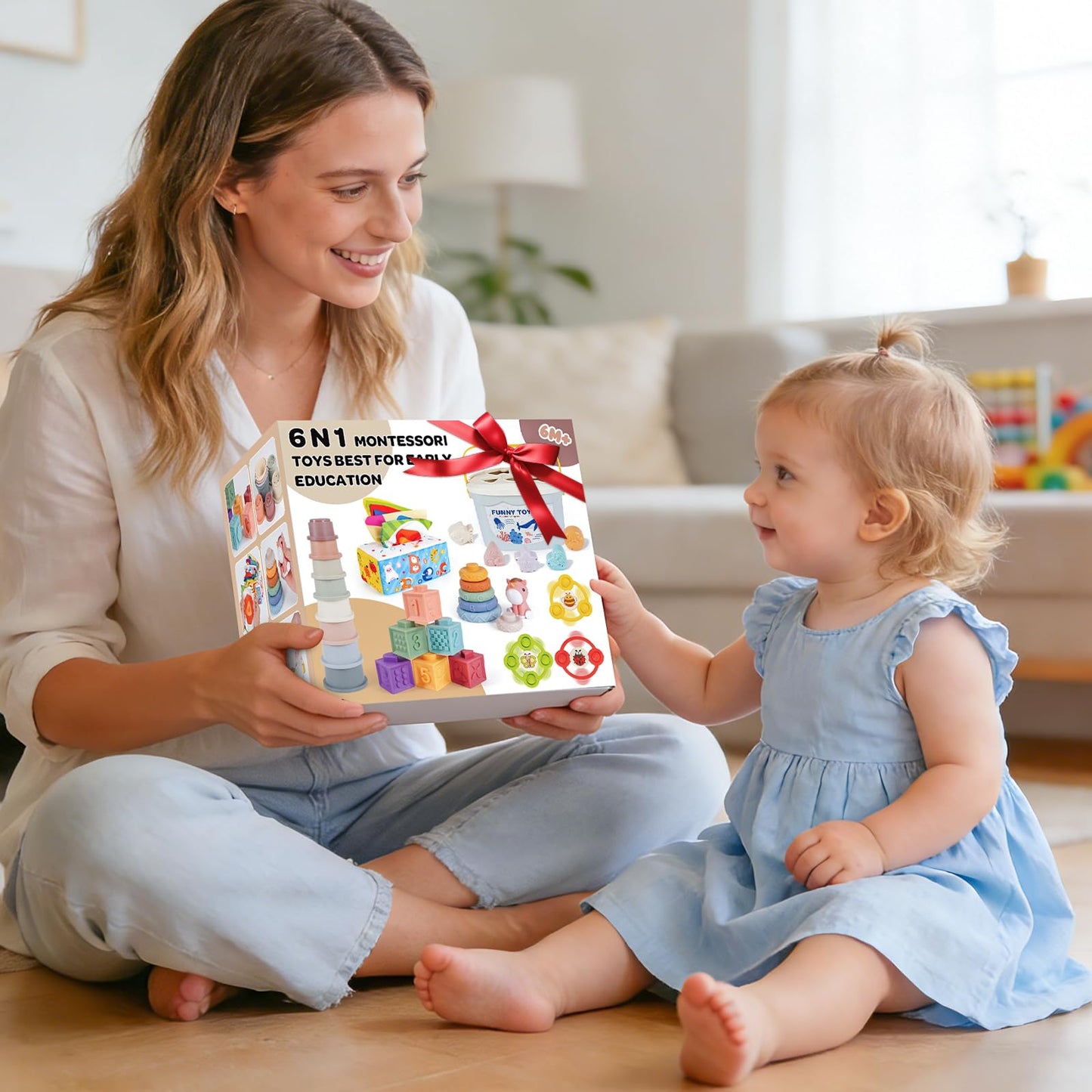 Wowlyntoy Montessori Toys for Babies 6-12-18 Months 6 in 1 Infant Toy Stacking Cups, Shape Sorter Box, Suction Spinner, Building Blocks Ring, Tissue Box, Learning Gift for Toddler 1 2 3 Year Old