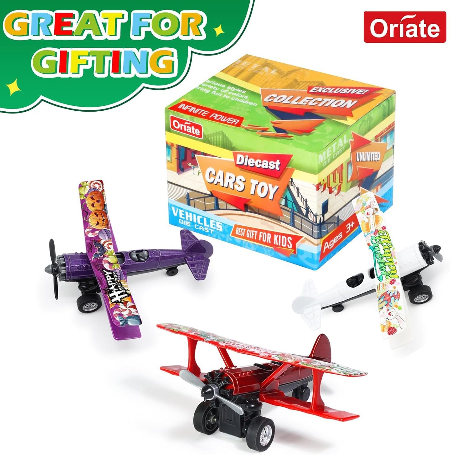 Oriate 3 Pack Die-Cast Pull Back Toy Airplane Set, Aircraft Model Toy Airplanes, Party Favor Gifts, Christmas, Halloween, Easter, Birthday, for Boy and Girl 3 Years Old and Up