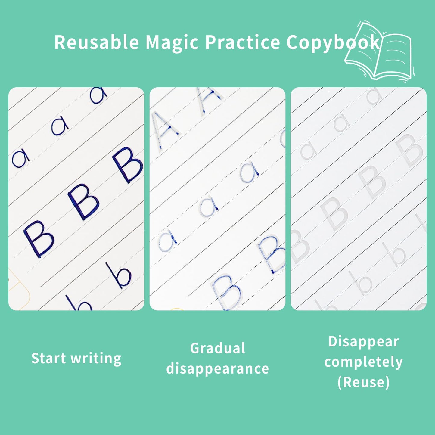 PracticeJQDEN Large Reusable Grooved Handwriting Practice Workbooks for Kids Ages 3-8 Magic Disappearing Ink & 3D Groove Preschool Kindergarten Children Writing Books 5-Book Set with Pen Grips