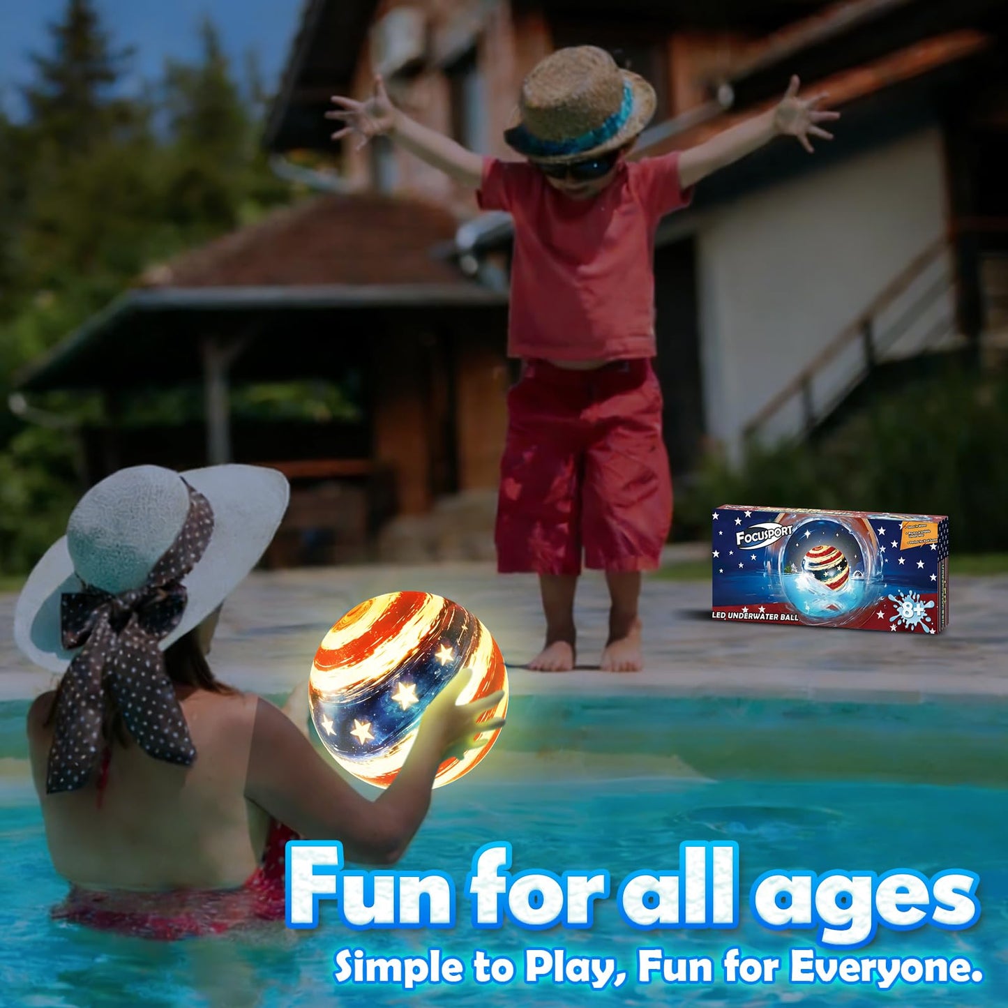 Focusport LED Underwater Pool Ball – 2 Pack 9" Light Up Water Ball Toy, Patriotic Design Pool Sports Game for Kids & Teens, Dribble & Pass for Water Football & Basketball, Summer Backyard Parties