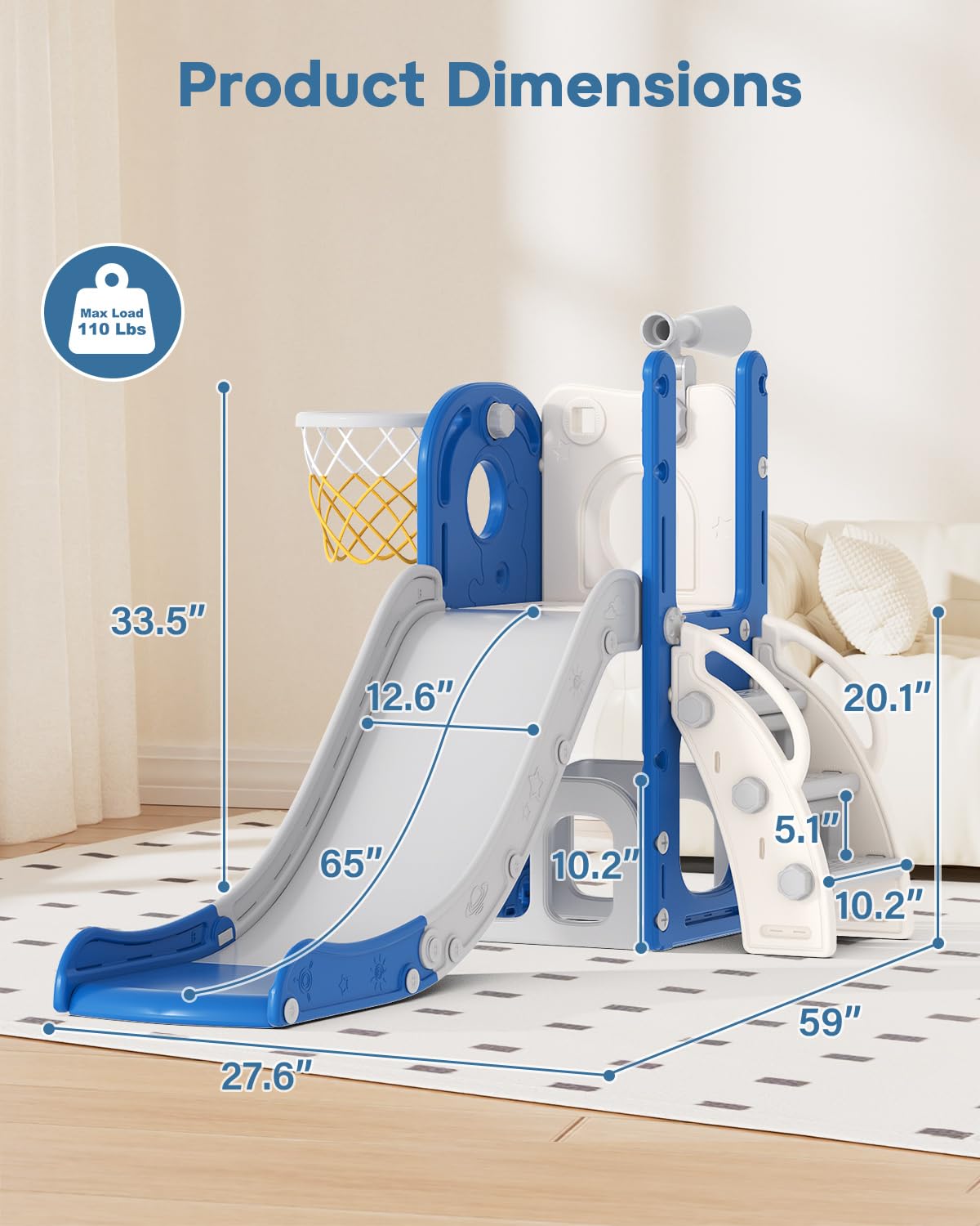 Babytronic Toddler Slide, 6 in 1 Kids Indoor Slide for Toddlers 1-3, Baby Indoor and Outdoor Climber Playset, Kids Slide with Basketball Hoop and Telescope, Toddler Outdoor Playground (Blue&Gray)
