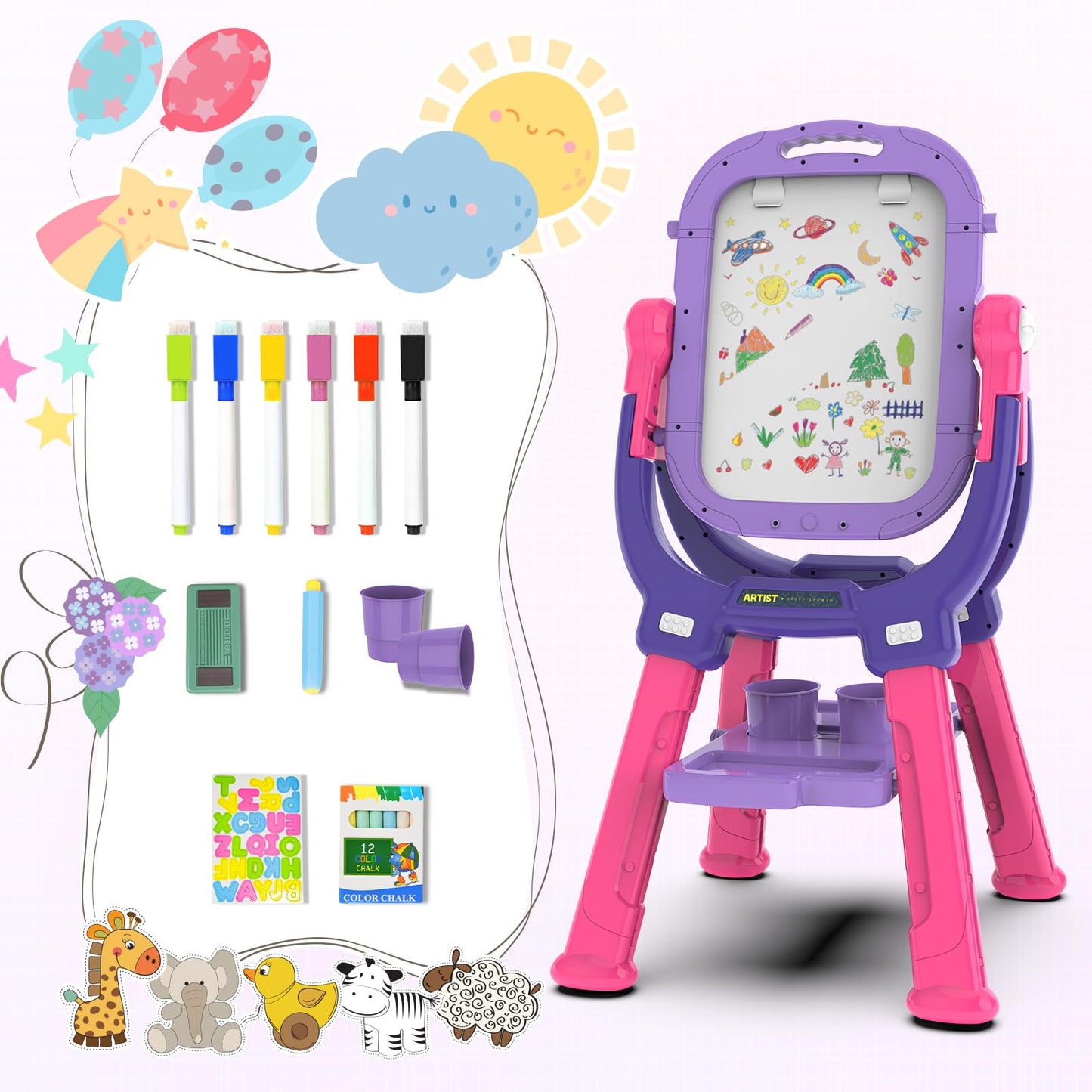 Ylovetoys Easel for Kids, Toddler Art Easel Adjustable Standing, Magnetic Double Sided Easel with Painting Accessories Gift for Boys and Girls (Purple red)