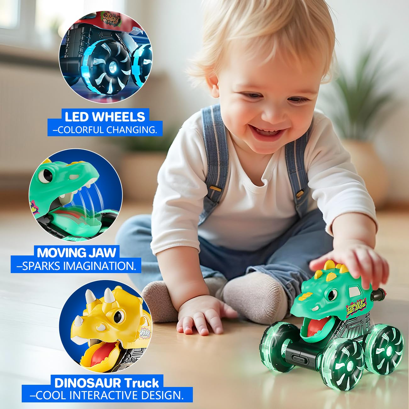 Dinosaur Monster Trucks for Toddlers 2-4: Toy Cars 3 Pack for Toddler Age 1-3,Light-Up Truck,Moving Mouth, Car Toys for 1 Year Old Boy,Dinosaurs Toy Kids 3-5,5-7,Boys Girls Gifts (Yellow-Green-Red)