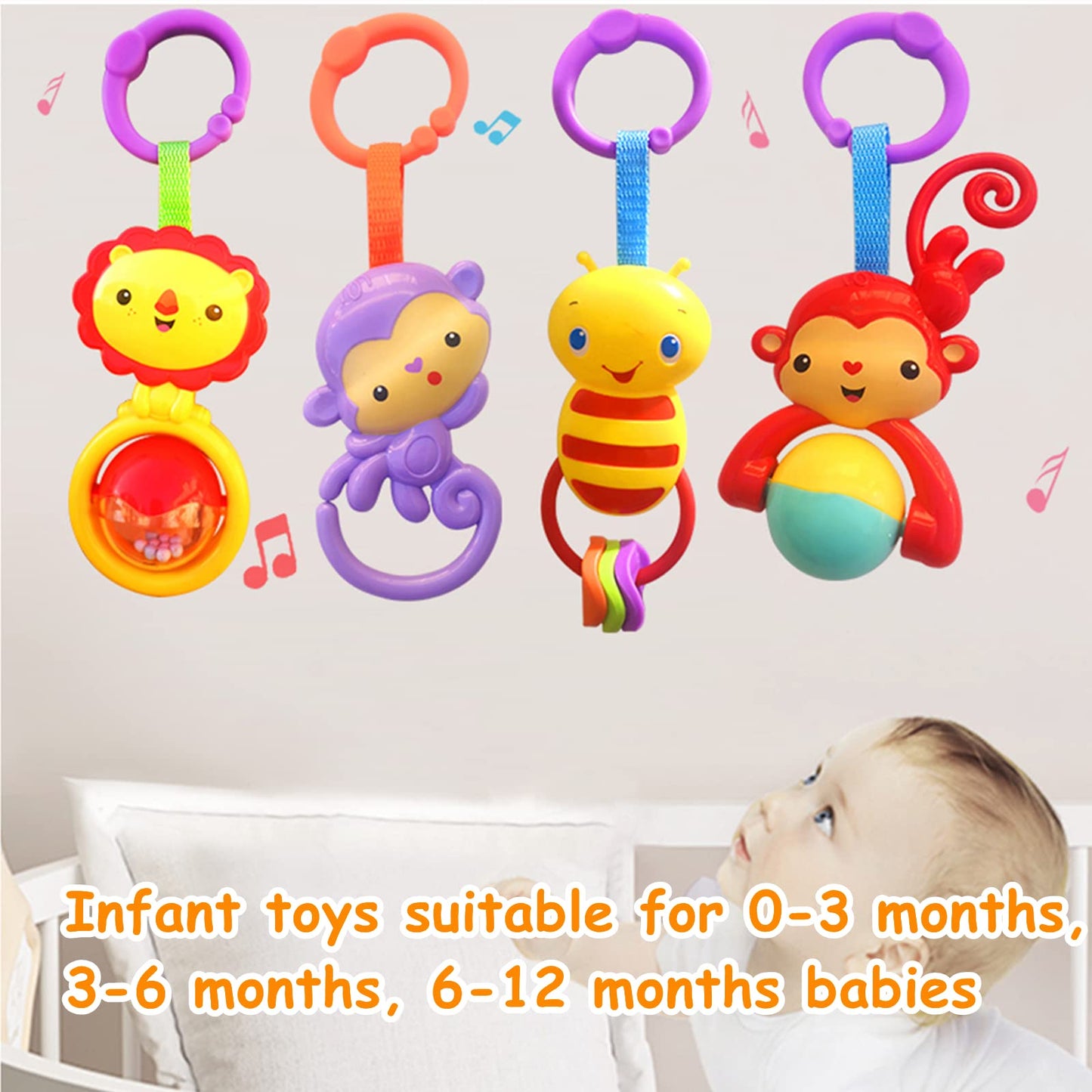 YUNLOVXEE Baby Toys, Cartoon Animal Hanging Rattle Toys, Handbells Baby Rattles, Baby Bed Crib Car Seat Travel Stroller Toys for Infant, Best Birthday Gift for Newborn, 4 Pack