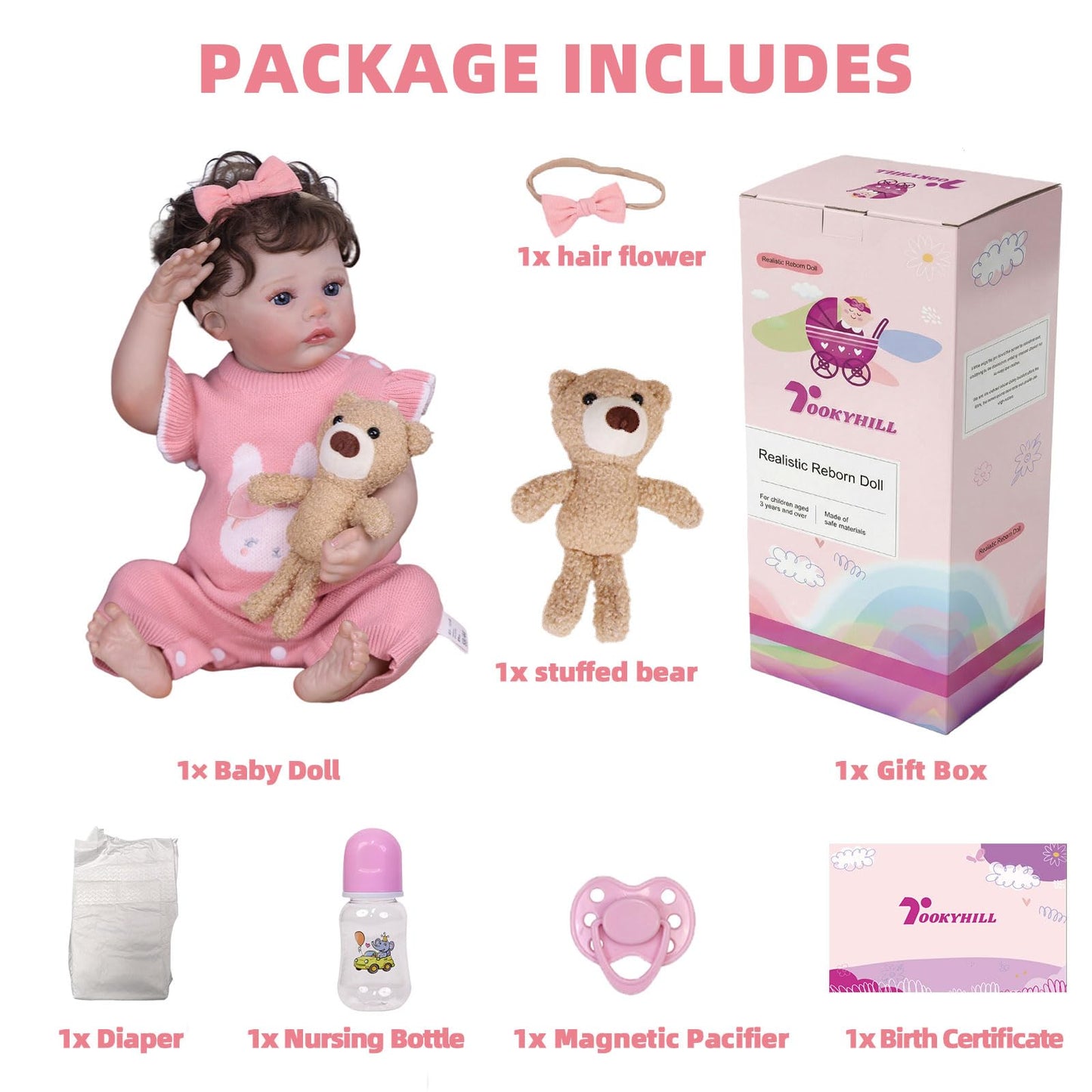Tookyhill 16 Inch Lifelike Reborn Baby Doll, Full Vinyl Body, Poseable Limbs, Pink Knit Outfit & Plush Bear Toy, Realistic Newborn Doll Gift for Toddler Girls Age 3+ (Brown Bear)