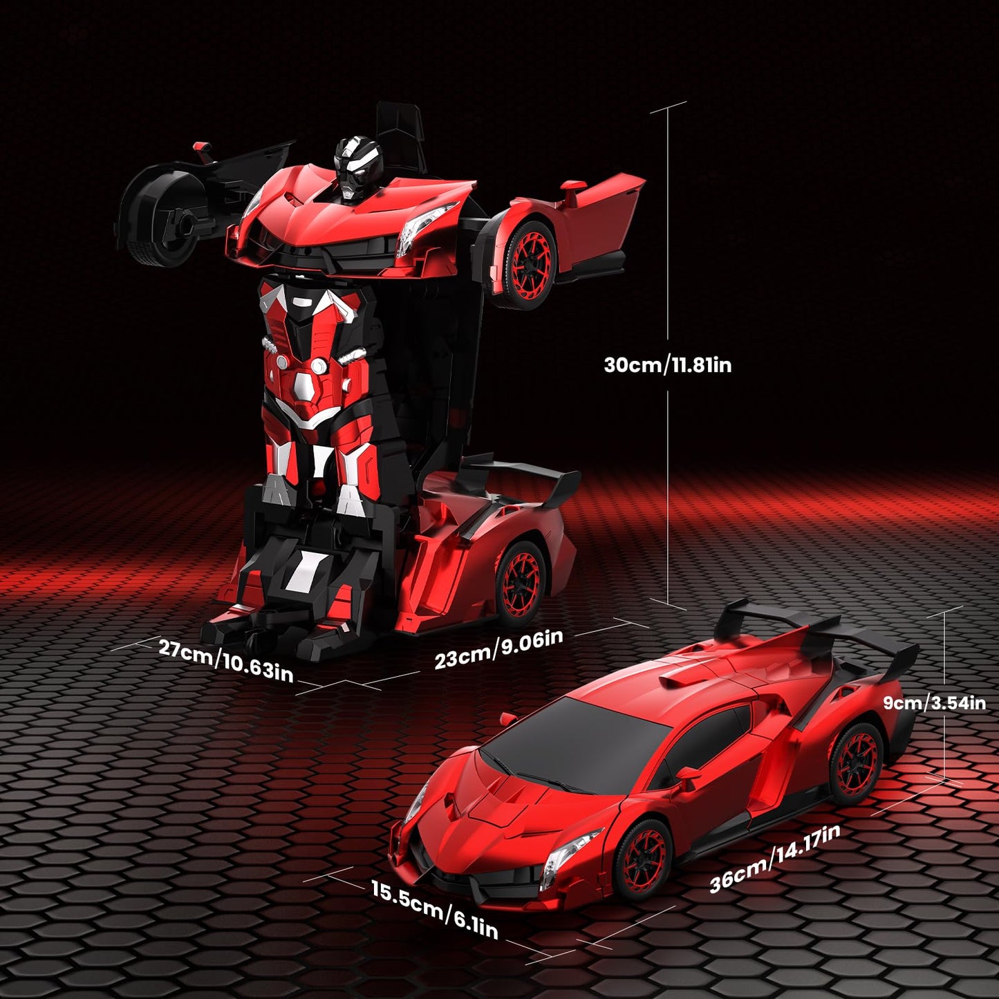 YONCHER Transform Remote Control Car, 1:12 Big Size Transform RC Cars Robot, 2-in-1 Robot Car Toy with Music and Light, Gesture Sensing, 360° Automatic Deformation, for Boys and Girls, Red