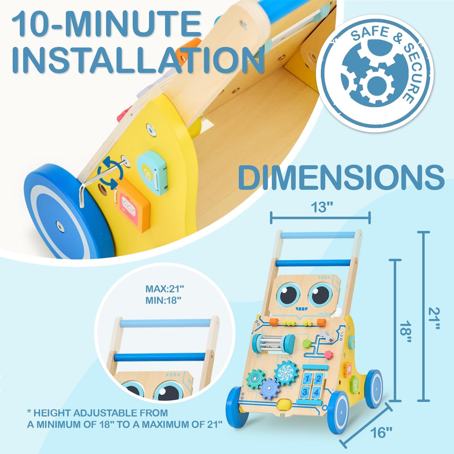Monläurd® Robot Wooden Baby Walker, Adjustable Push & Pull Toy, Montessori Activity Center, Learning Activity Walker - Ideal for Early Development & Motor Skills for Toddlers