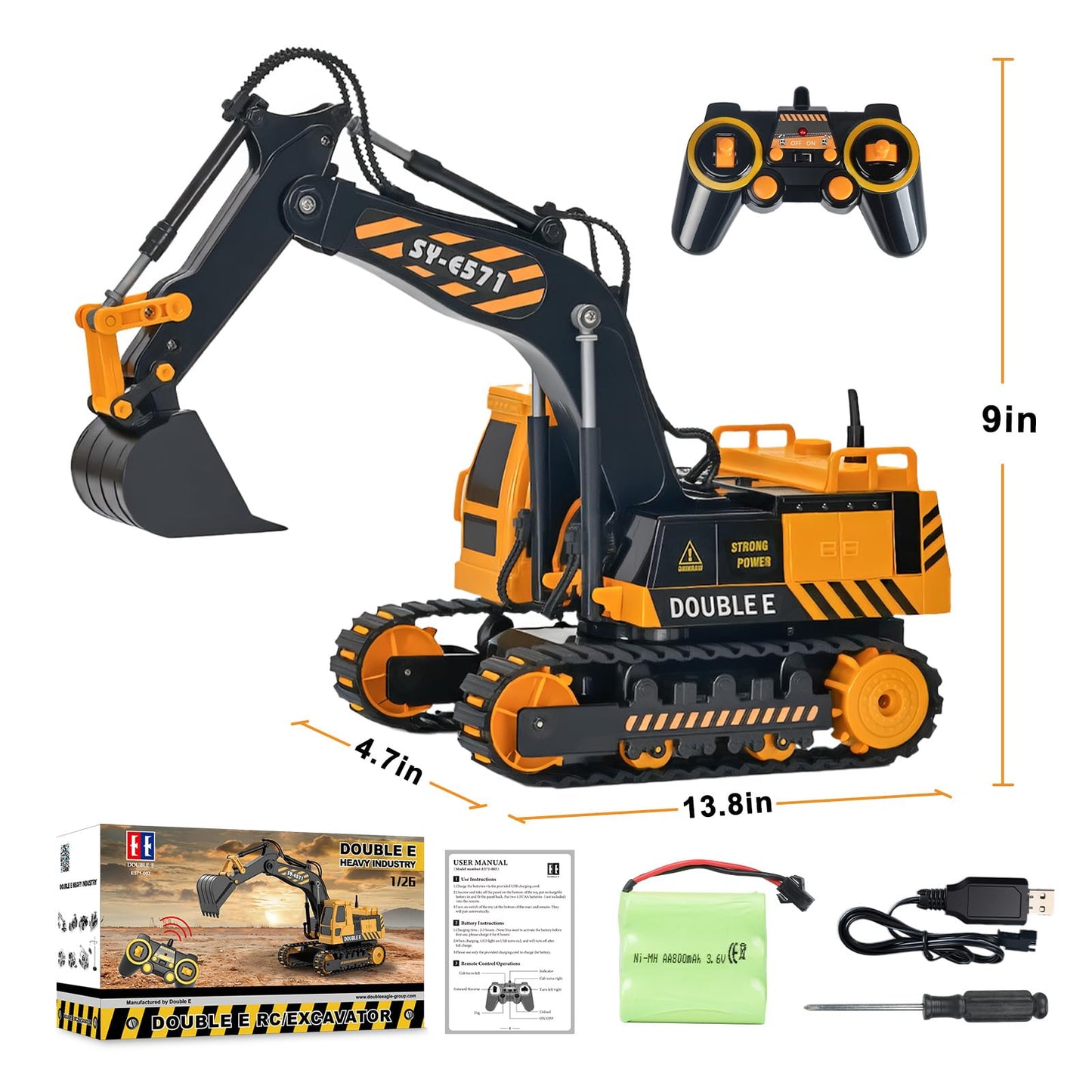 DOUBLE E Remote Control Excavator Toy, RC Excavators Sandbox Digger Hydraulic Construction Toys - Realistic Construction Vehicle with 6 Functions, Xmas Gift for Kids 3-14 Years
