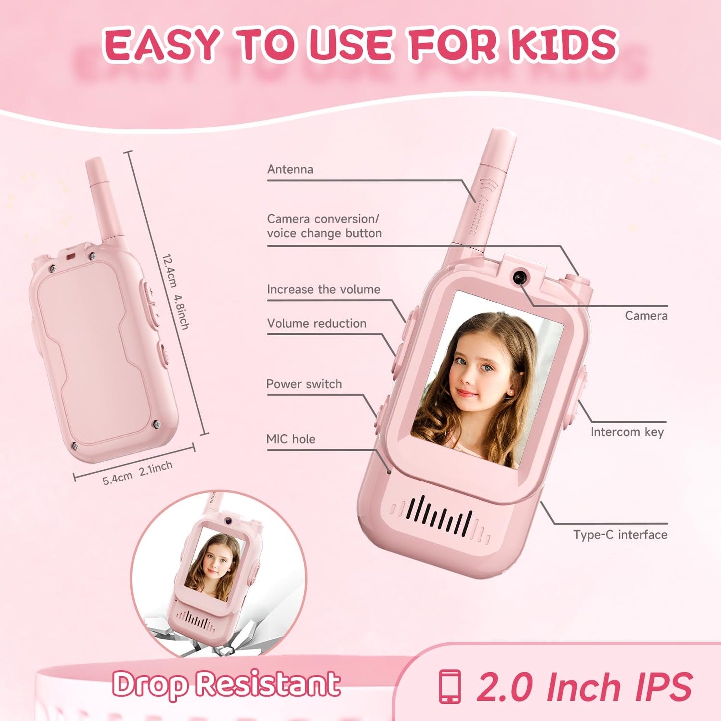 Video Walkie Talkies for Kids Ages 3-12, 2 Pack Rechargeable Video Intercom Toys with Camera, Indoor Outdoor Adventure Games for Family Camping Hiking Birthday Gifts for Boys Girls (Pink/Pink)