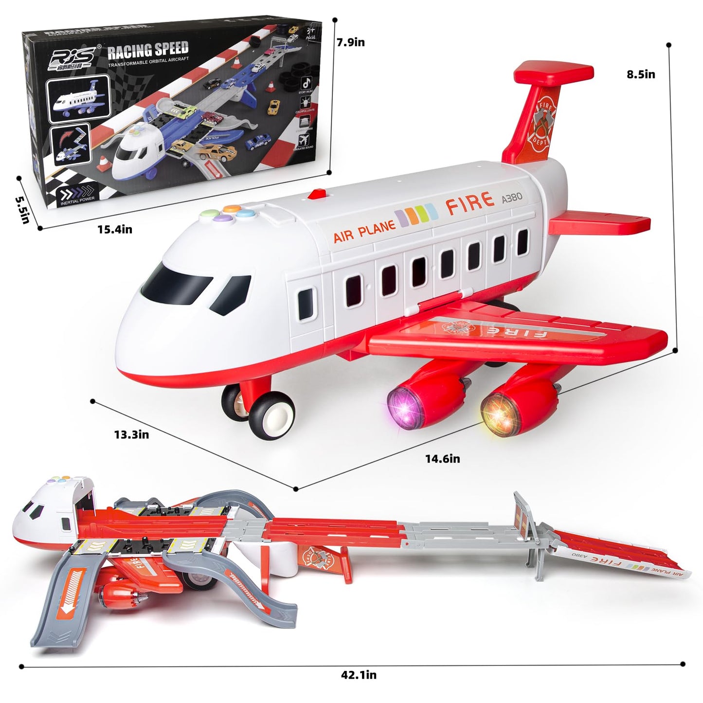 Cmartlarge Airplane Toy with 4 Layer Foldable Race Track, Transport Carrier Plane with 6 Race Cars, LED Lights & Sounds, Toddlers Toys Birthday for 3 4 5 6+ Years Old Boys Girls