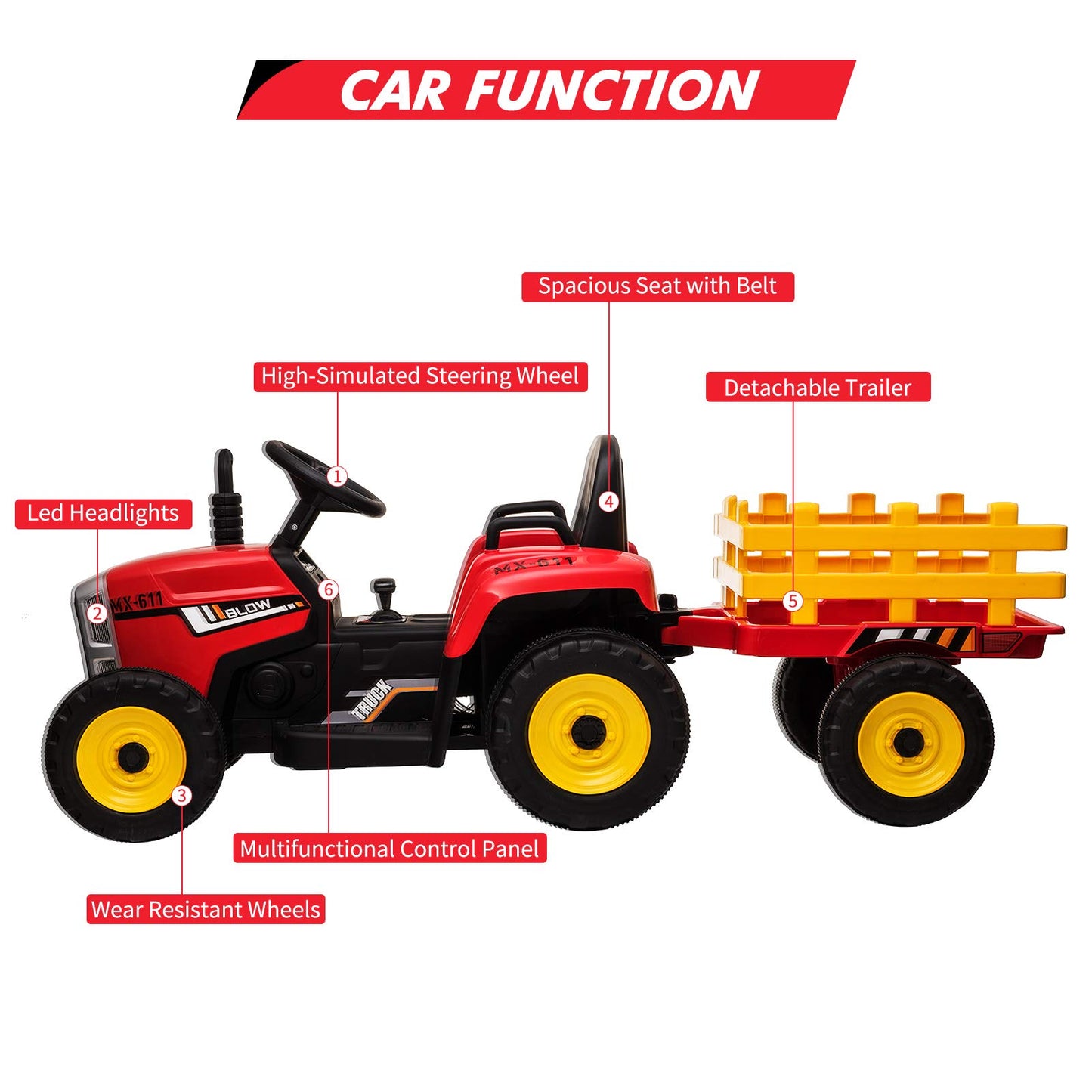 Nasitip 12V Kids Battery Powered Electric Tractor with Trailer, Toddler Ride On Car w/Remote Control/ 7-LED Headlights/ 2+1 Gear Shift/Horn/ MP3 Player/USB Port (RED, 25W/ Tread Tire)