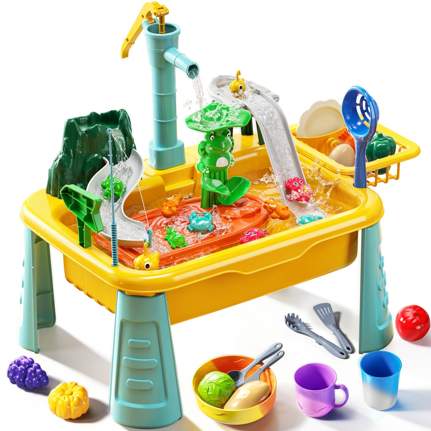 JUKUDAHU Water Table Toy for Boys Girls Aged 3 4 5 6 7 8, Kitchen Toys with Play Sink, Fishing Games, Toddler Sensory Water Play Table for Kids Ages 3-8, Summer Beach Outdoor Toys, Birthday Gifts 2+