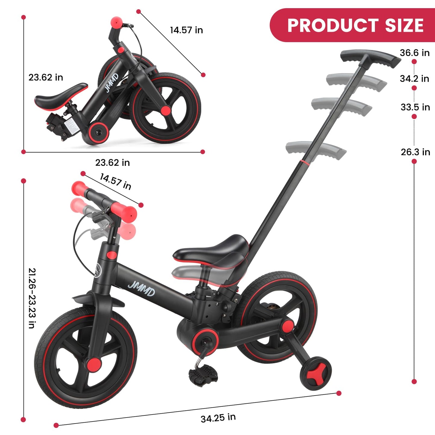 JMMD 6 in 1 Toddler Bike with Push Handle for Kids 18-60 Months, 12" Foldable Balance Bike with Training Wheels, Pedals, Brakes, Kickstand, Push Tricycle Toddler Gift & Toys for Boy & Girl