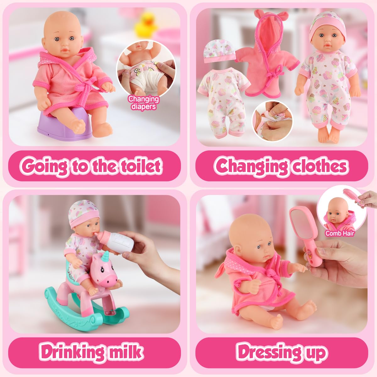 Baby Doll Bath Toys Set with Bathtub, 11" Baby Dolls, Rocking Chair,Swimming Ring, 2 Sets Baby Dolls Clothes and 15 PCS Doll Accessories.Perfect Pretend Play Toddler Toy Gift for Girls Aged 3 4 5 6.