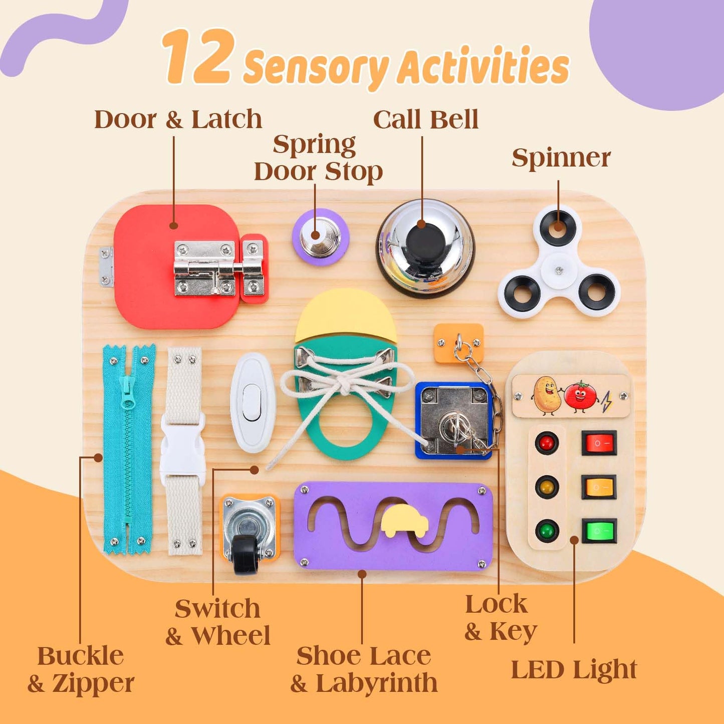 Potatomato Montessori Busy Board - Wooden Sensory Toys for Toddlers for 1 2 3 4 Years -Activity Board Toys for Fine Motor Skills - Educational Fidget Toys for Boy & Girl - Birthday Gifts