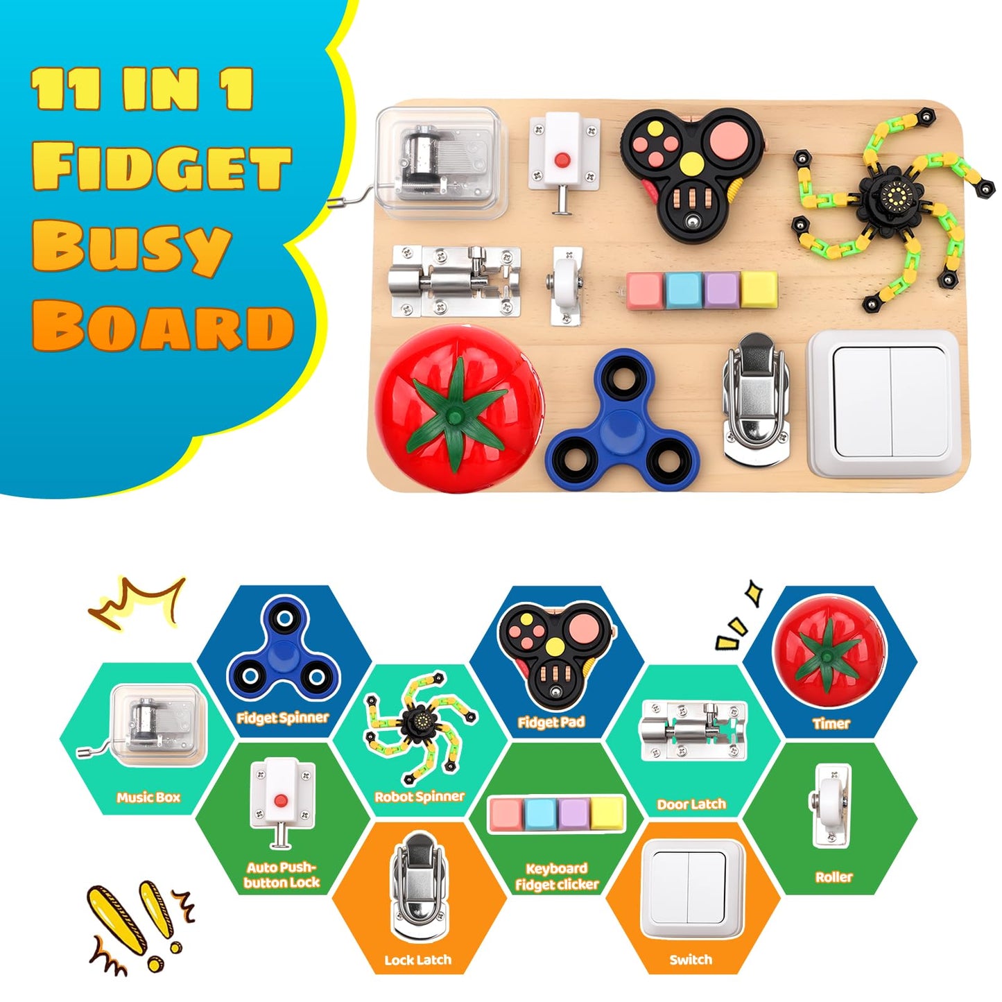 Umnodobn Montessori Busy Board for Toddlers, 11-in-1 Sensory Learning Travel-Friendly Activity Board, Fine Motor Skills Toy, Screen, Birthday Holiday Presents for Boys Girls 3+ Years Old