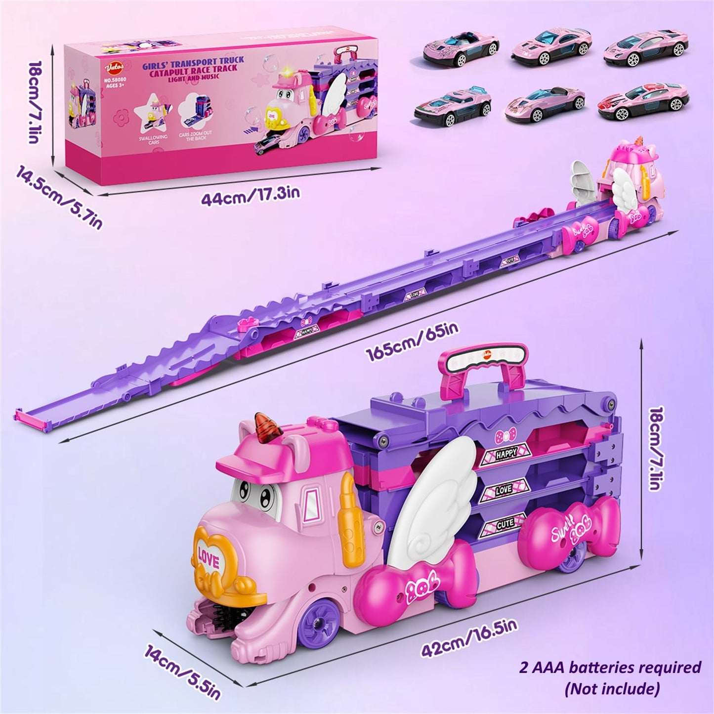 VATOS Toddler Truck Car Toys for 3 4 5 6 Year Old Girls, Foldable Race Track Toy with 6 Race Cars, Portable Transport Carrier Truck with Light & Music, Princess Toys Cars Gift for Kids Girls