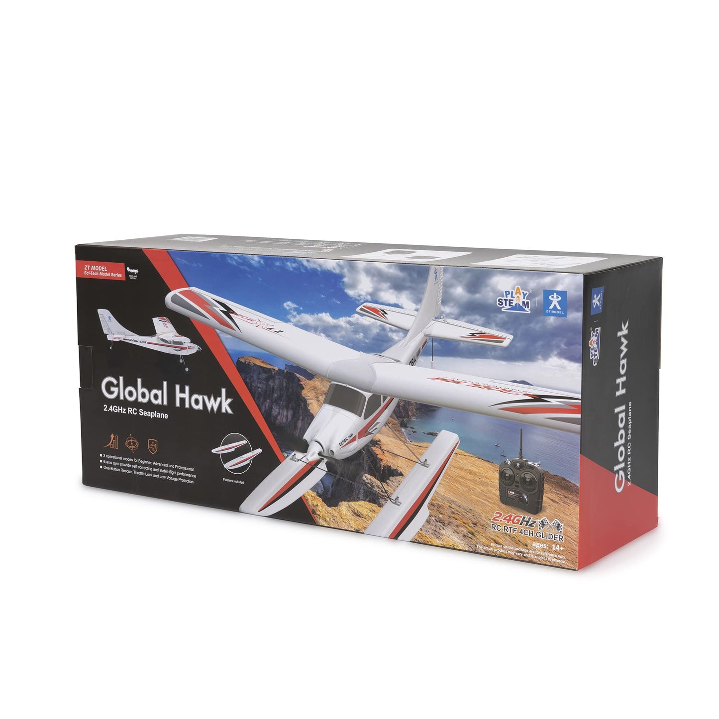 PLAYSTEM Global Hawk 2.4 GHz 1.2m RC Seaplane Smart Trainer Airplane- 4 Channel Remote RTF- Lithium Battery and Optional Floats Included