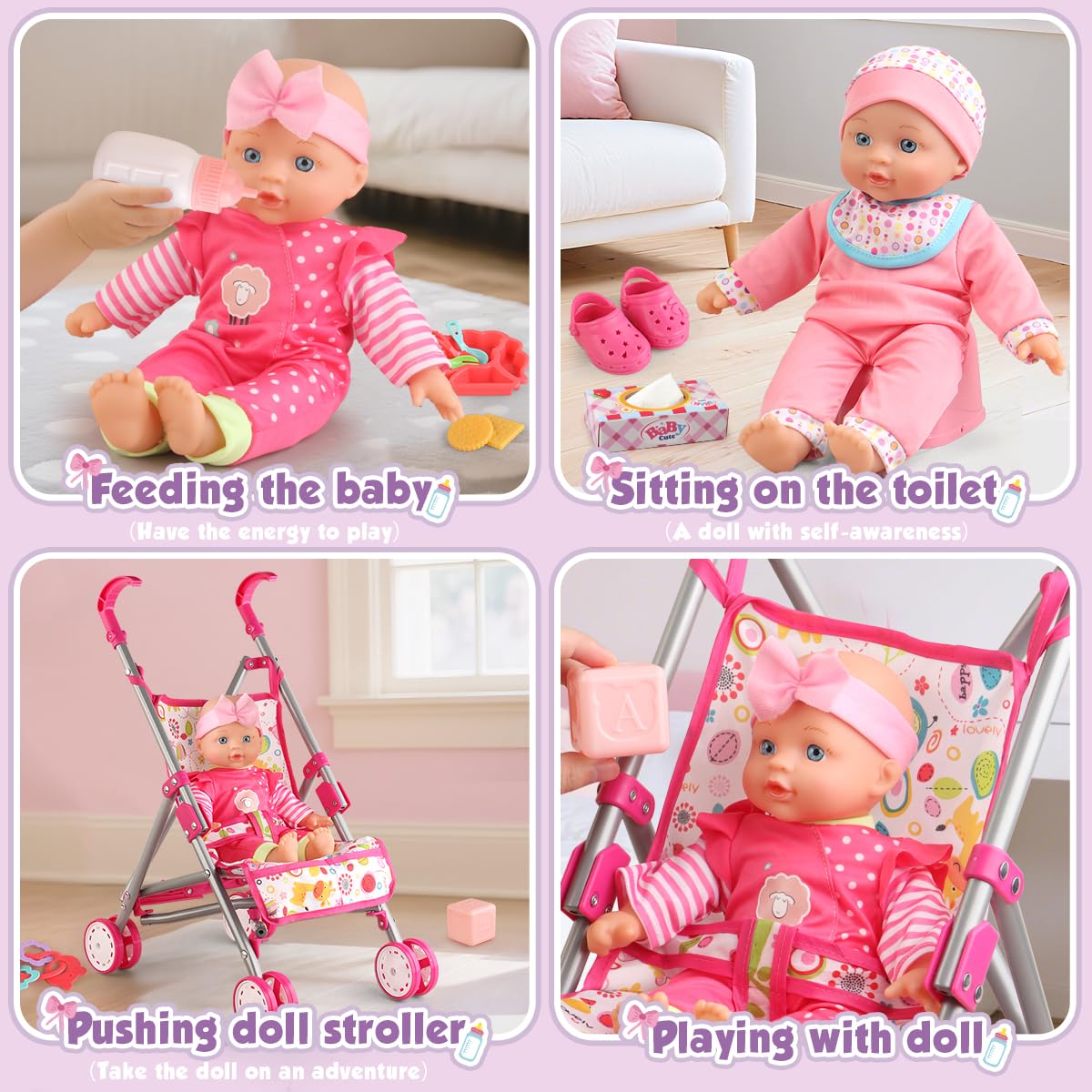YIYBM Baby Doll with Stroller Set with 12.5" Baby Dolls, Handbag, 2 Sets Doll Clothes and 16 PCS Doll Accessories. Baby Stroller Toys for Toddler Girls Kids Ages 3-5 4-6 for Pretend Play.