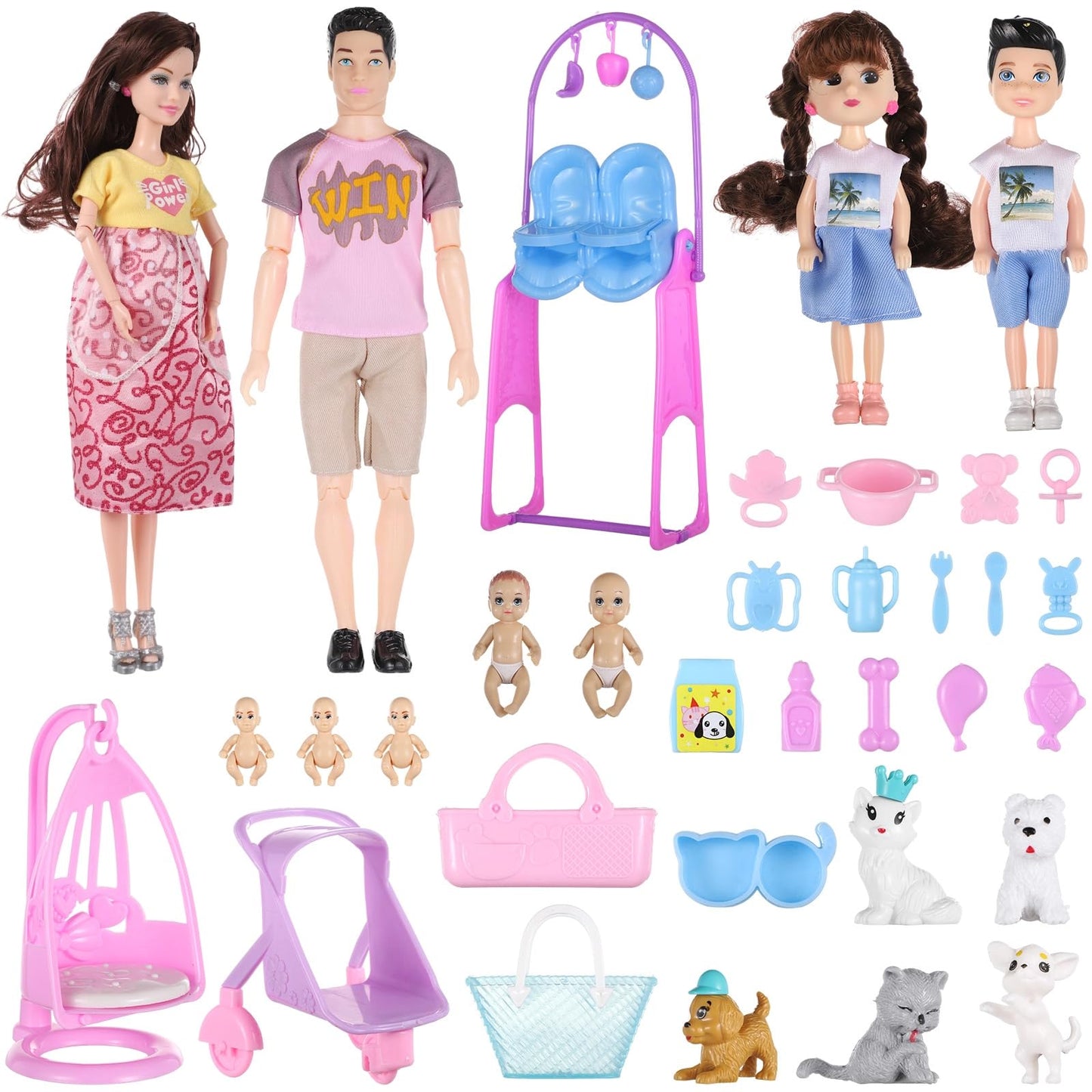 Dollcube Pregnant Doll with Baby in Tummy, 34PCS Family Dolls Set of 6 People with Pets Included Dad Pregnant Mom 2 Kids Baby Boy and Infants Pregnant Doll Accessories for Aged 3-12 Girls Boys Gift