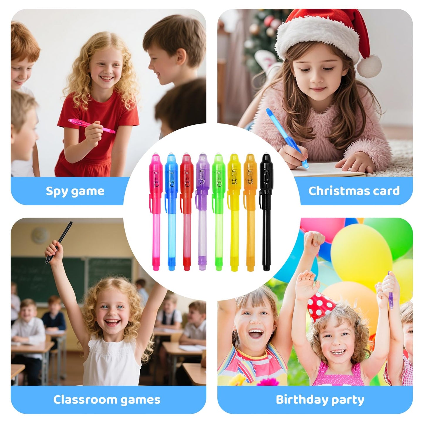 TIDALJAM 32 Pack Invisible Ink Pens with UV Light, 8 Colors Glow , Secret Message Writing Detective Party Favors, Birthday Christmas Halloween Goodie Bag Stuffers Classroom Prizes School Supplies