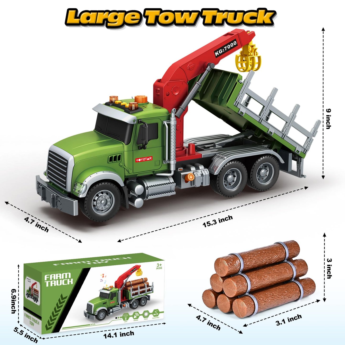 Bstoyder Kids Toys for 3 4 5 6 7 8 Years Old Boys, 15" Farm Logging Truck Toy with Loading Crane and 6 Trunks, Lights, Sounds, Toddler Friction Powered Truck Vehicle Toy for Boys Girls Birthday Gifts