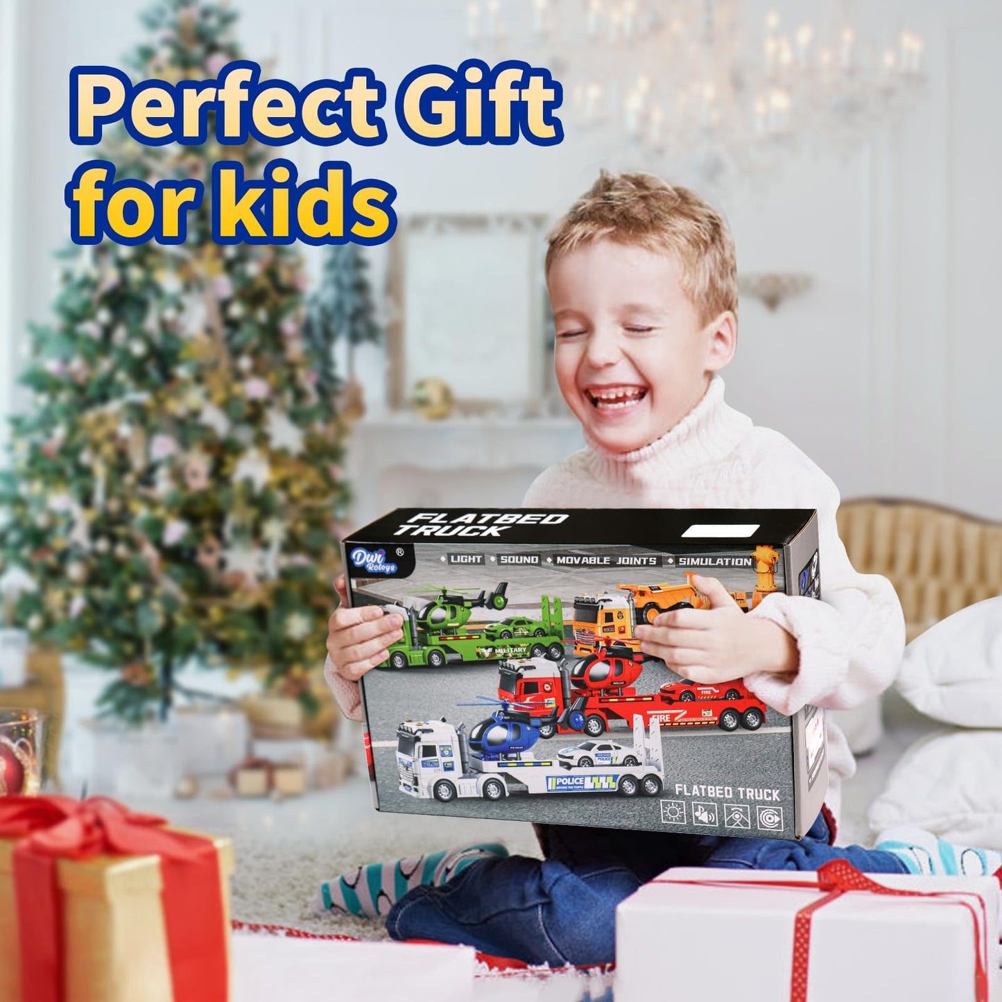 DWIRCTOYS Kids Toys for Ages 3 4 5 6 7 8 Years Old Boys, 25" Large Army Semi Truck with Helicopter & Race Car, Friction Powered Vehicle with Lights & Sounds,Birthday Gift for Boys Girls