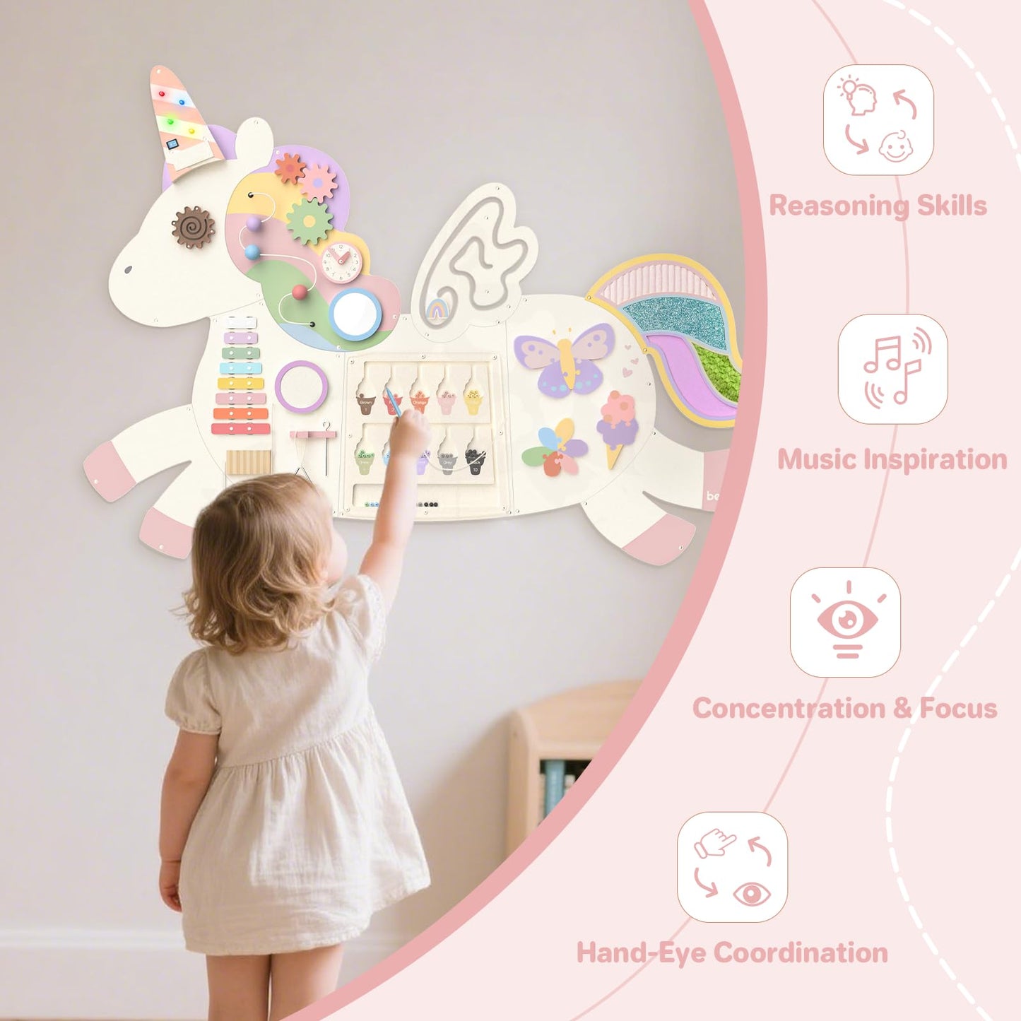 Asweets Unicorn Activity Wall Busy Board Panels, Montessori Sensory Toys, Toddler Learning Activity Center, Perfect for Toddler Playroom & Children's Daycare, White