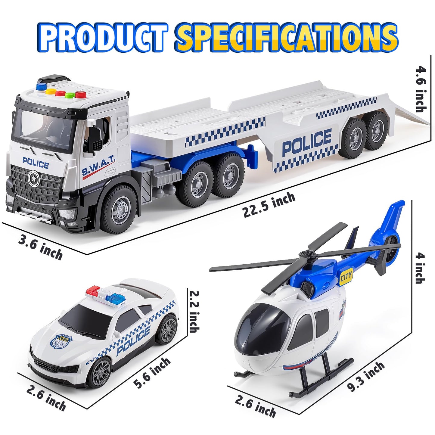 WEMOKA Police Truck Toys for Toddler Boy 3 4 5 6 Year Old, 22.5" Semi Truck Toy with Racing Car and Helicopter, Openable Doors, Realistic Sounds and Lights, Birthday Gifts for Kids Child