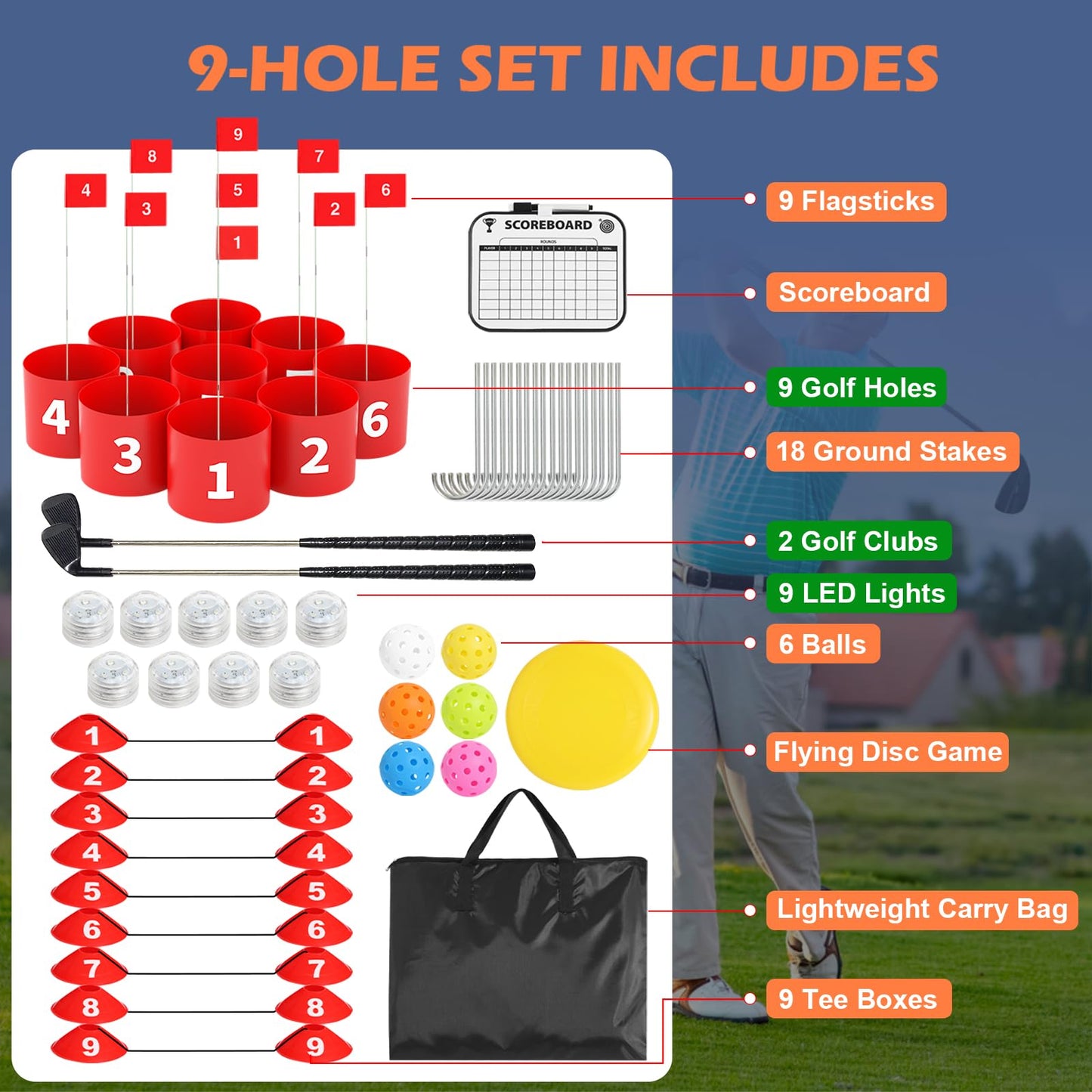 FOOING Golf Game LED with 2 Clubs, 9 Hole Practice Golf Backyard Game Set for Adults and Family Outdoor Indoor, Plastic Battle Yard Game with Balls and Flag for Lawn, Beach, Camping and Park