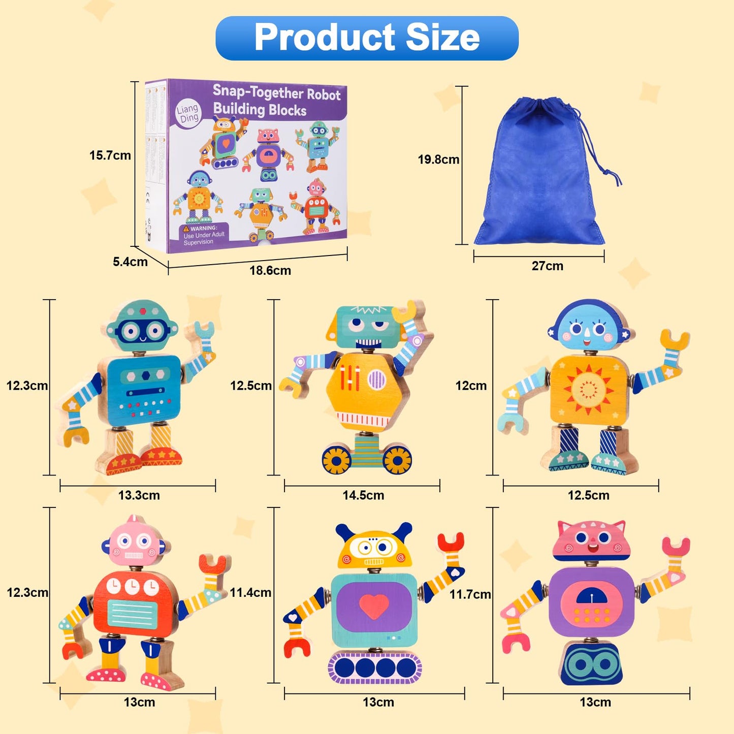 Wooden Snap-Together Robot Building Block Set, Montessori STEM Take-Apart Toy, 33-Piece Fine Motor Skills Learning Toy with Poseable Limbs for Different Robot Poses,for Kids Ages 3-6 with Storage Bag