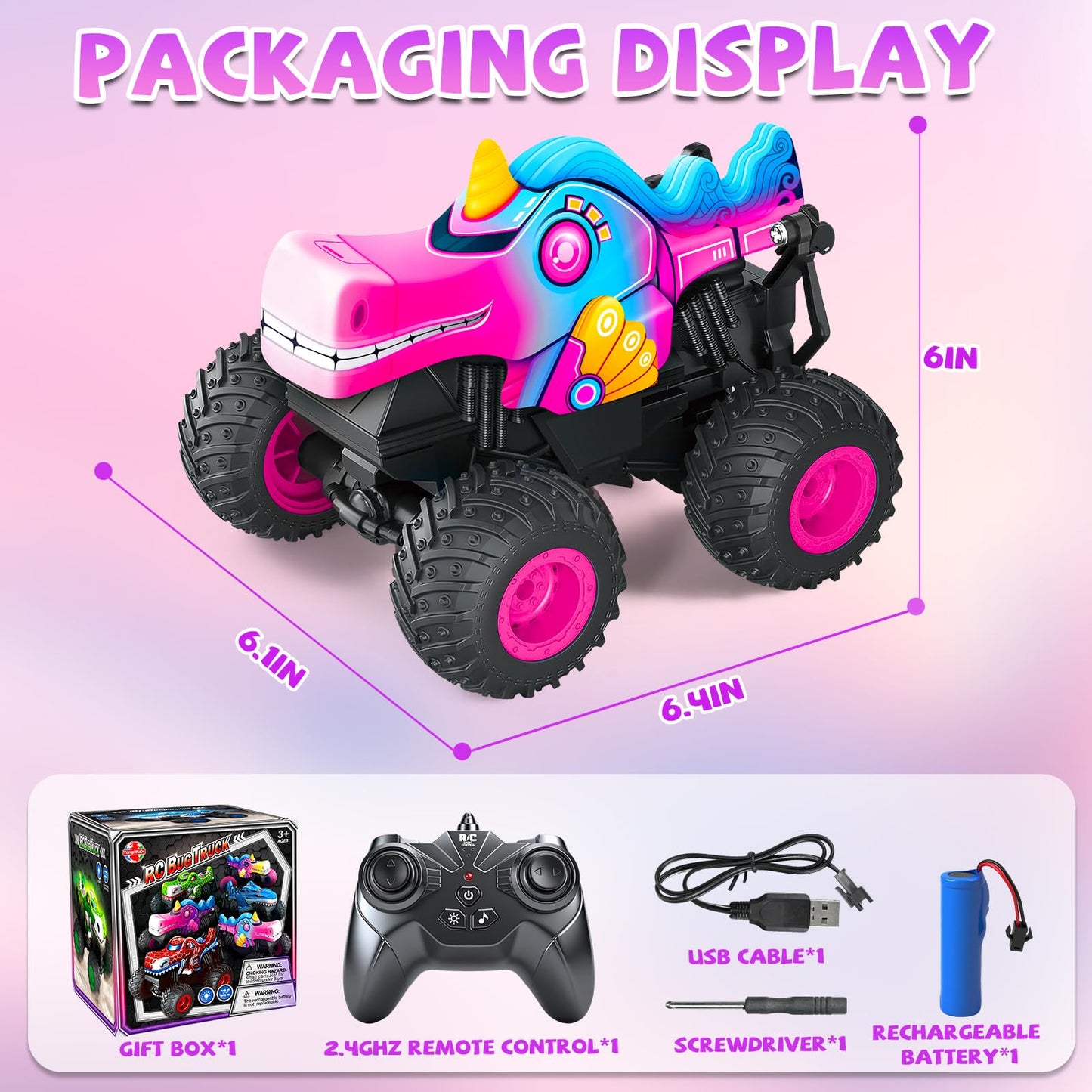 YongnKids Remote Control Car for Girls, 2.4Ghz Unicorn Monster Trucks with Light & Music,Unicorn Toys for Girls Age 3 4 5 6 7 8 Years, 360° Rotating All Terrain RC Stunt Car Rechargeable Xmas Gift