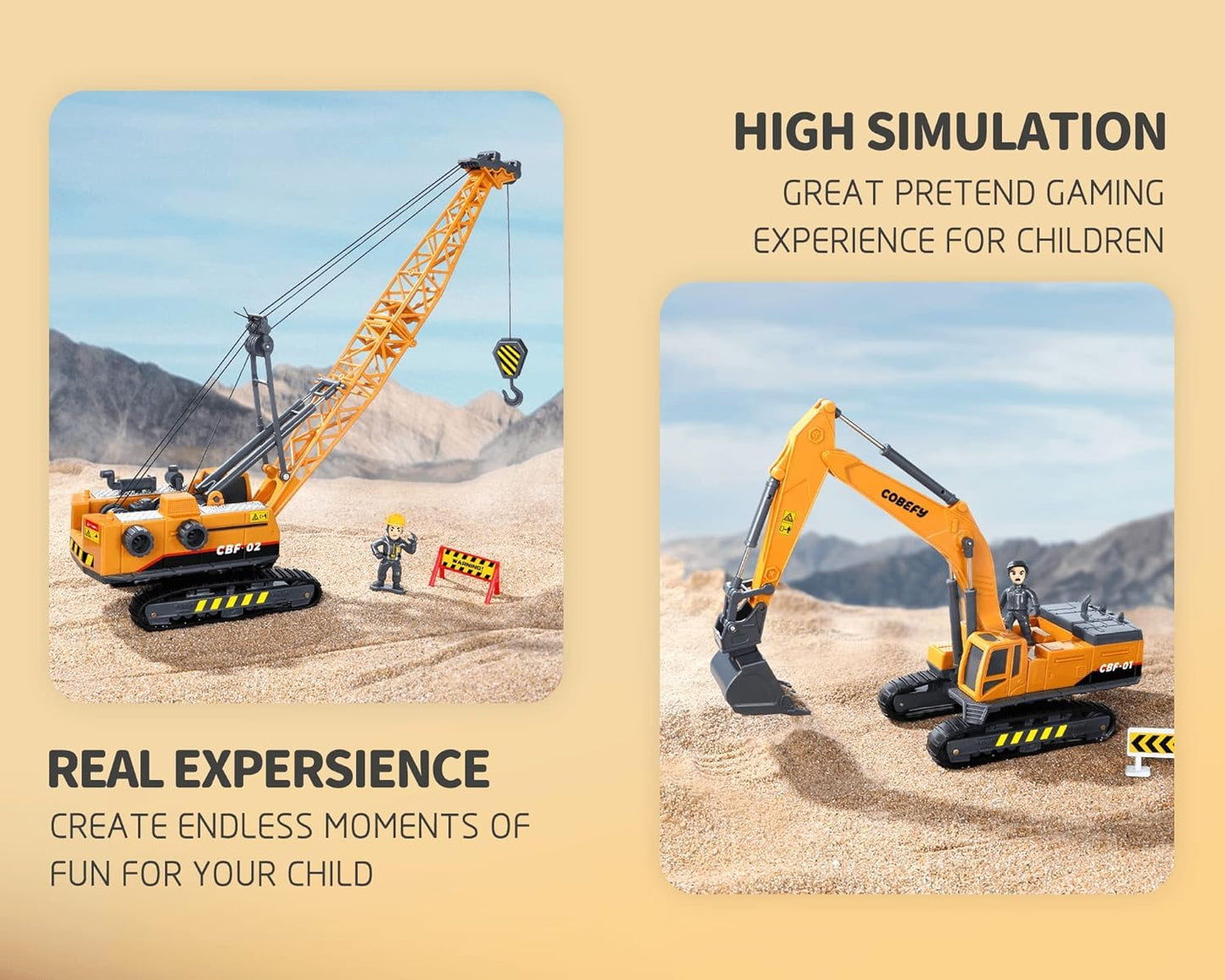 Kids Construction Toys for Boys, Playset of Excavator Toy, Crane Toy & Semi Truck Toy Tractor Lowboy Trailer, Construction Trucks for Toddler, Ideal Birthday Party Favor Gift for 3 Years Old and Up
