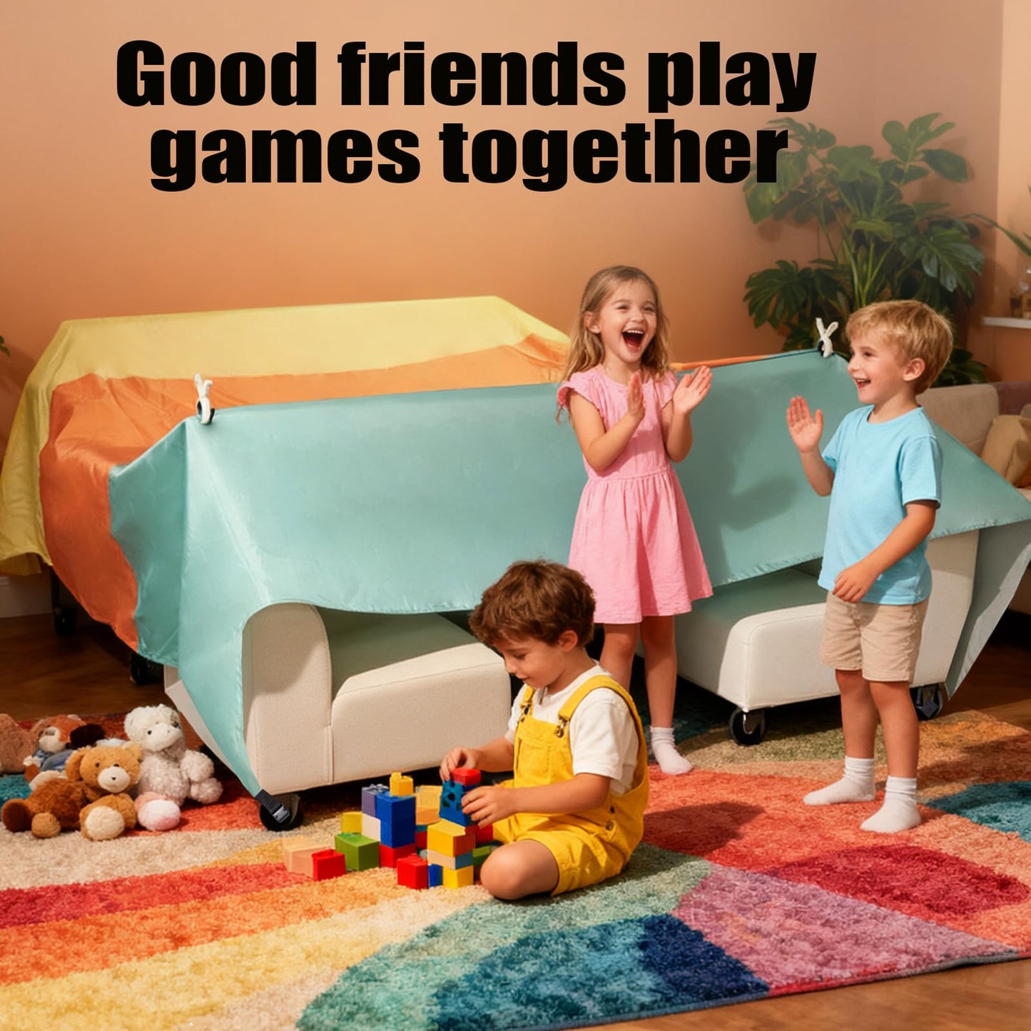 Magic Kids Fort Building Kit, 3 * 3m Large Blanket Fort Making Kit Clips Portable Playhouse Play Tent Fort - Indoor/Outdoor Girls/Boys Toys Ages 4-8-12