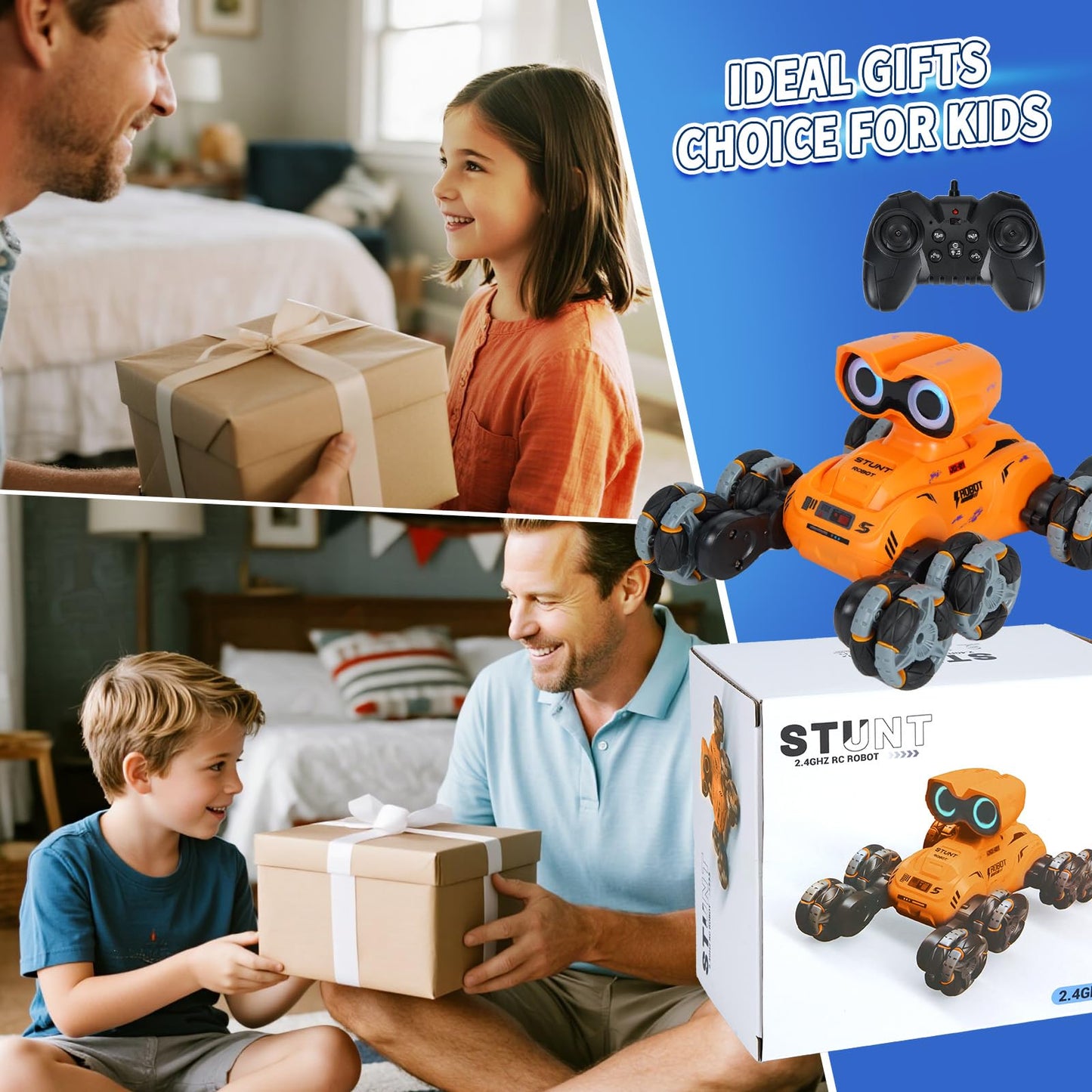 Robot Toy,8 Wheels RC Stunt Robot Toys for Boys Ages 6 7 8-12 13 14 Year Old Kids with Lights Musicand LED Eyes,2.4Ghz,360° Rotation,Gift for Kids Birthday Christmas (Orange)